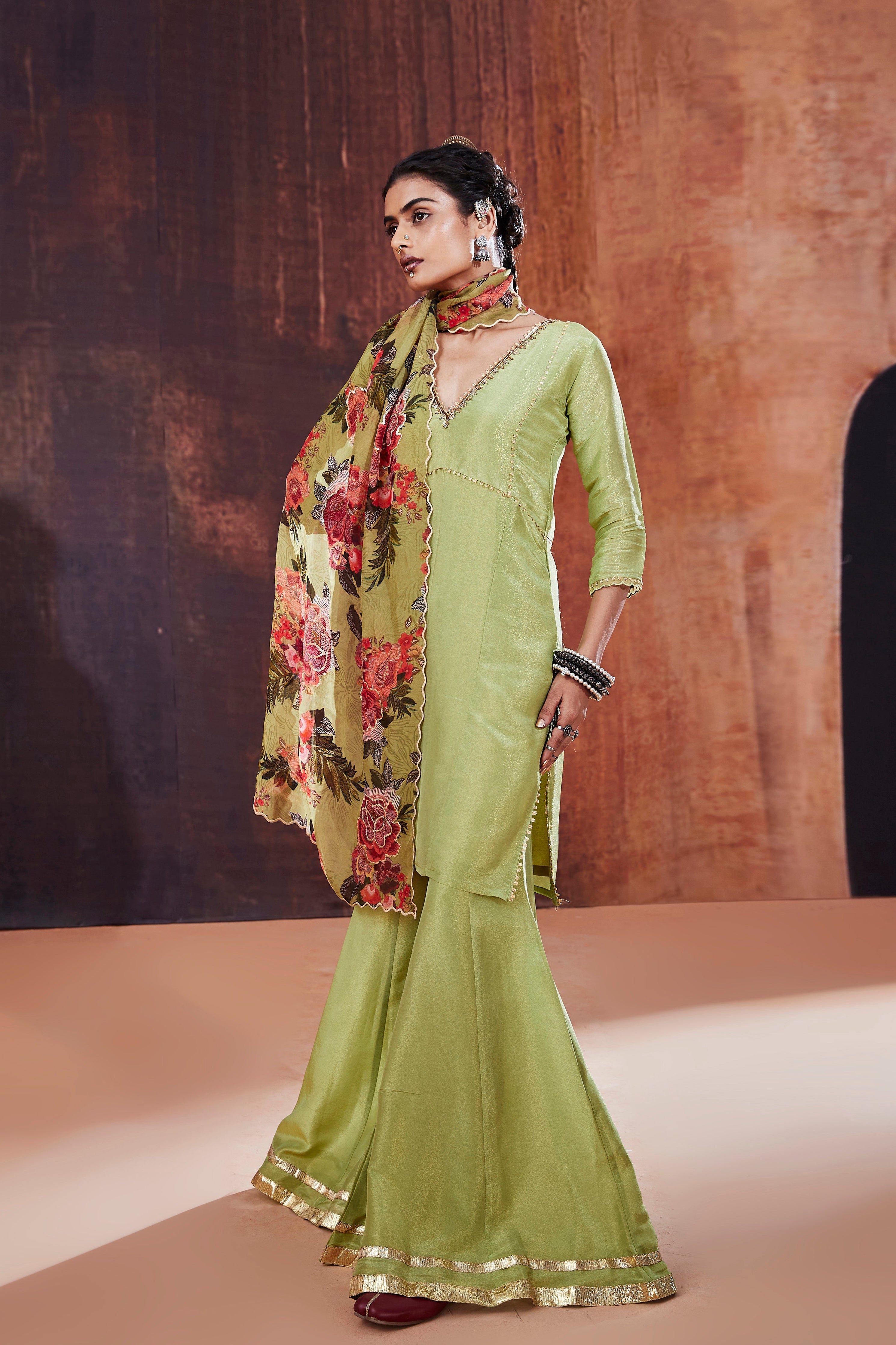 Moss Green Tissue Silk Sharara Set | Elegant Indian Occasion Wear 