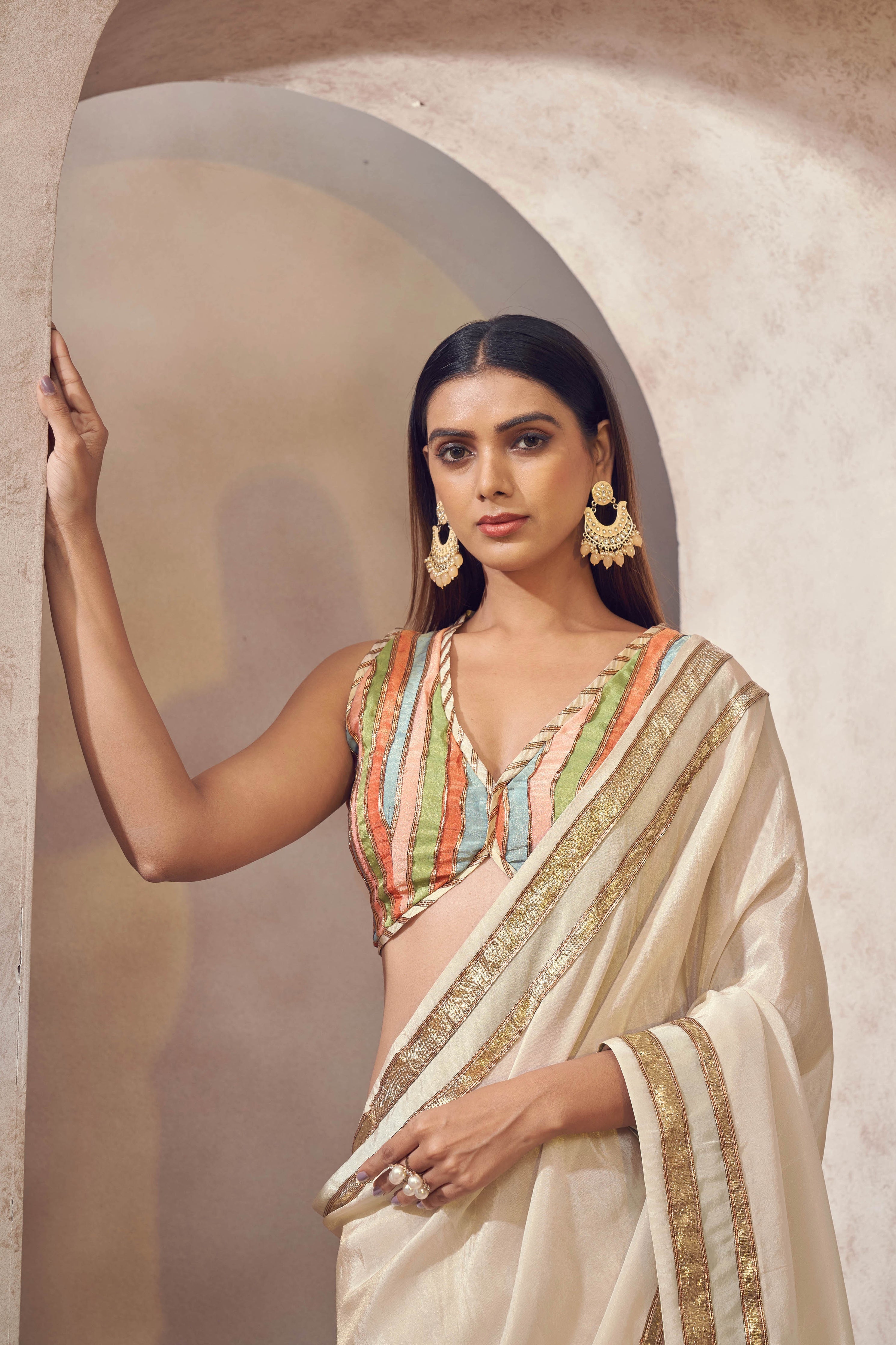 Sunehri Tissue Silk Saree With Multicoloured Blouse | Designer Indian Wedding Wear Affroz