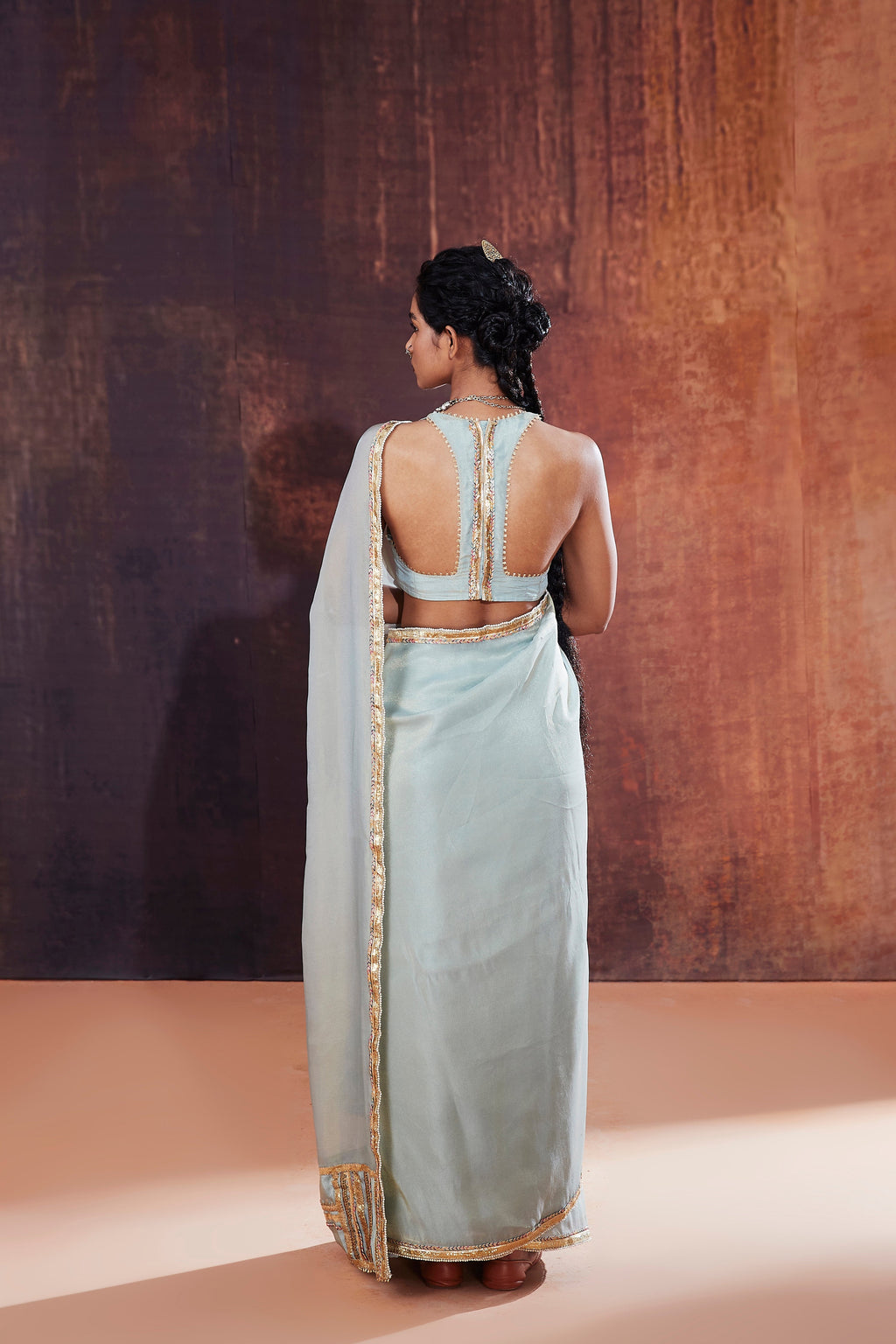 Powder Blue Tissue Saree Set | Luxury Indian Wedding Wear