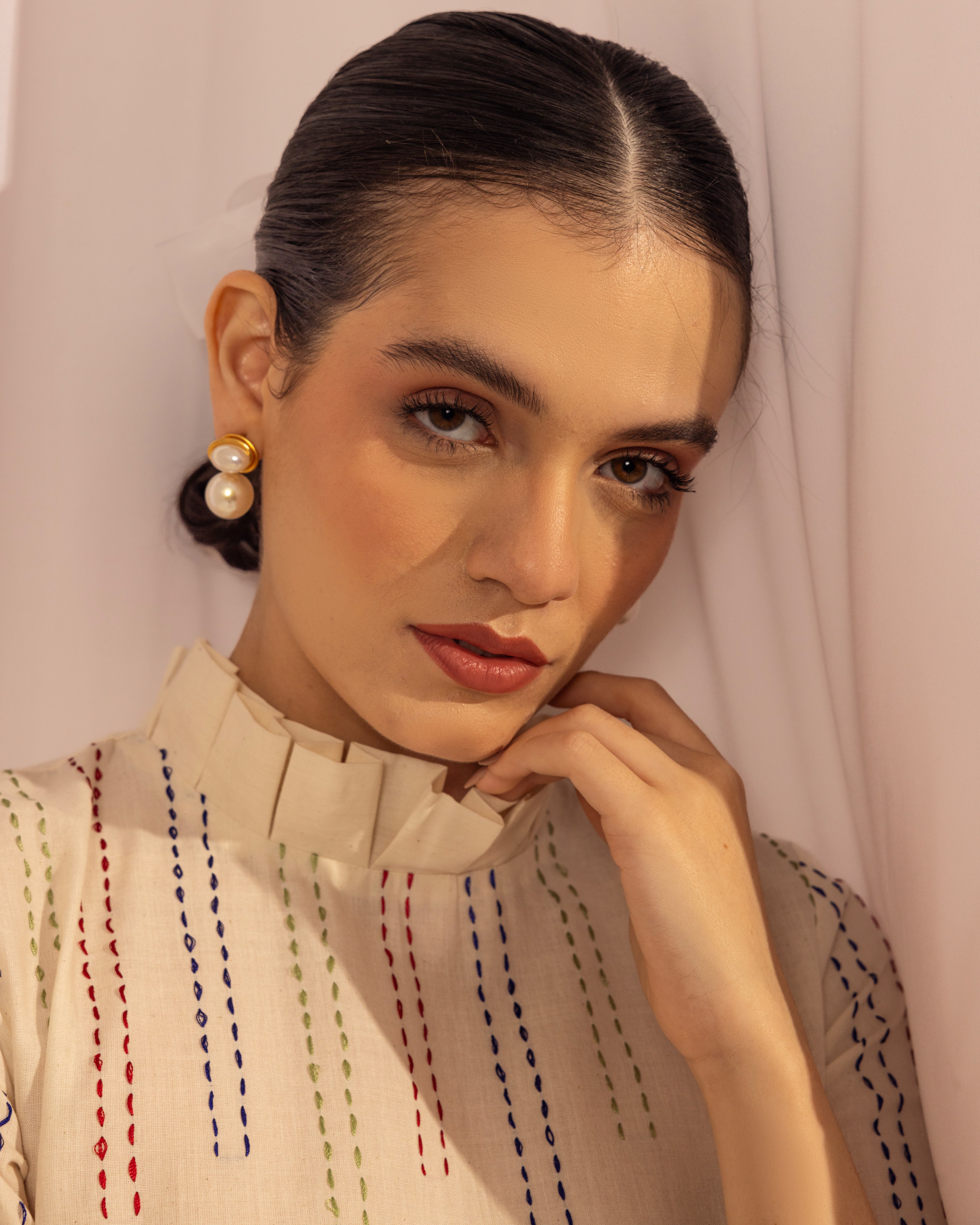 Pleated Midi Dress | Kantha Stitch Detail Dress The House Of Ara