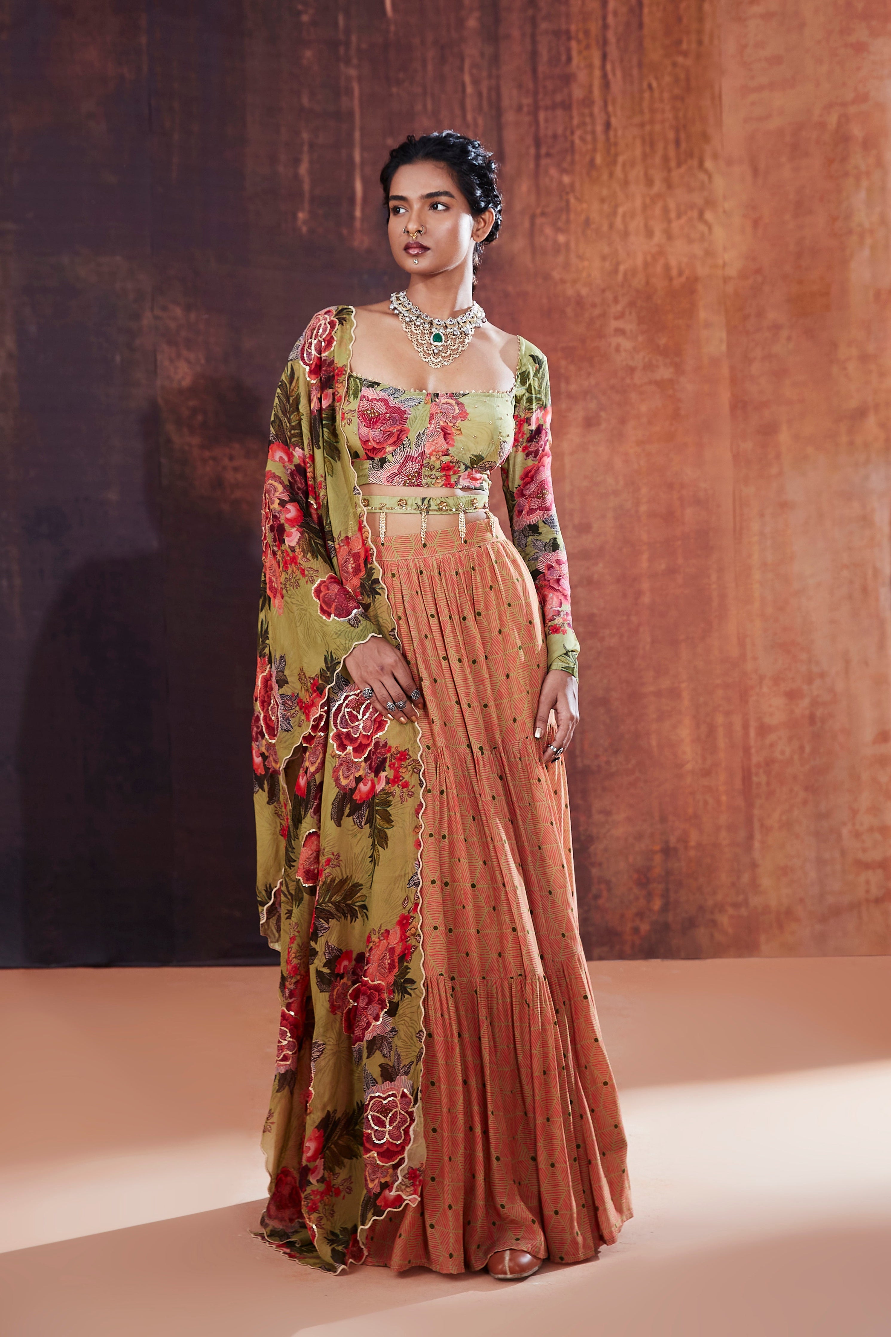 Moss Green Floral Printed Lehenga Set | Designer Indian Wedding & Occasion Wear 