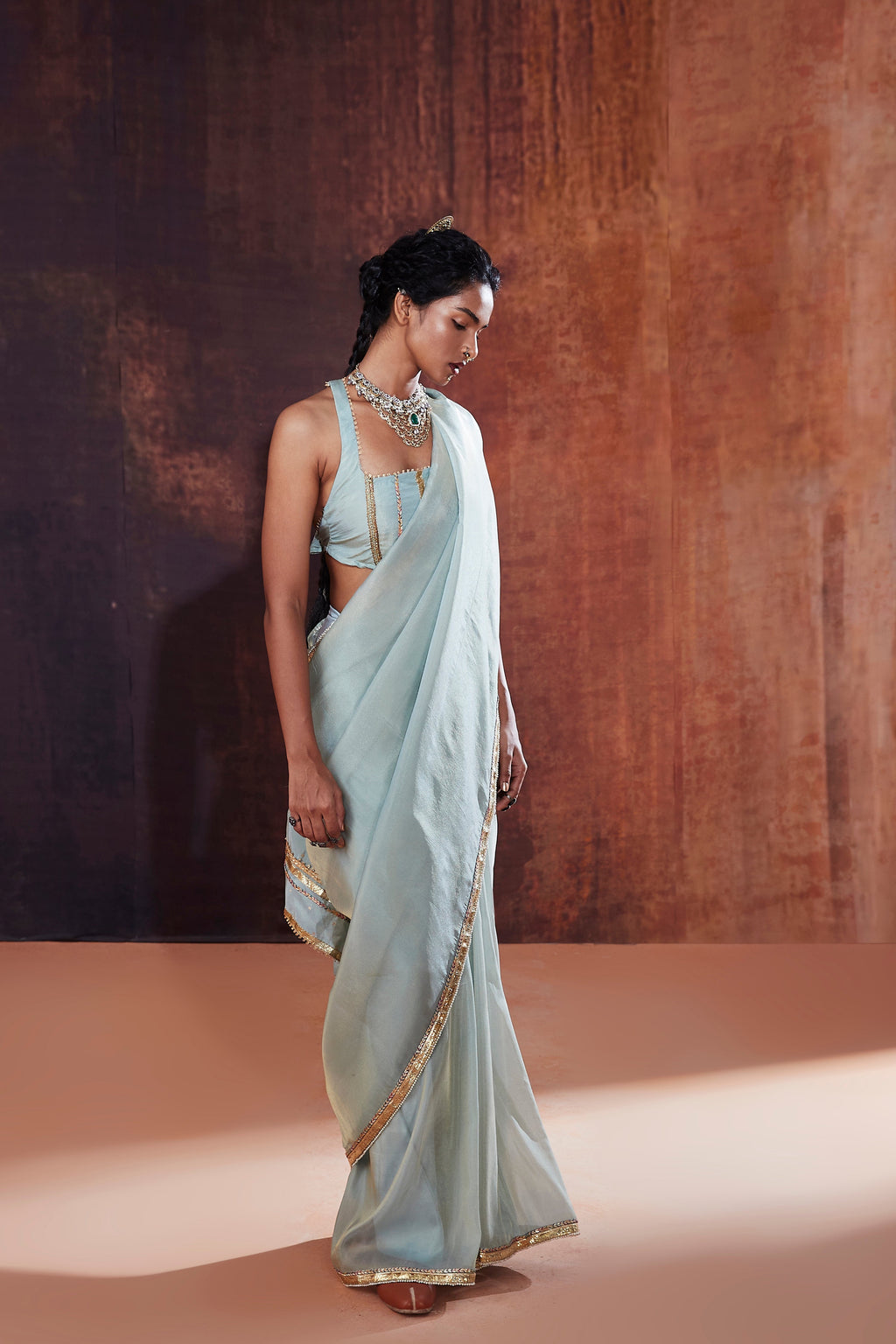 Powder Blue Tissue Saree Set | Luxury Indian Wedding Wear