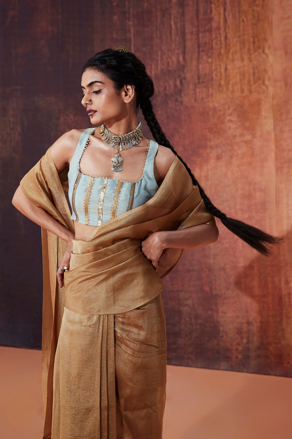 Gold Crush Tissue Pre-Drape Saree | Premium Indian Occasion Wear 