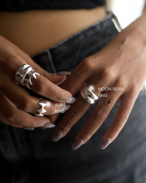 2 Moon Beam Rings + 2 Aura Rings Set | Contemporary Designer Rings 
