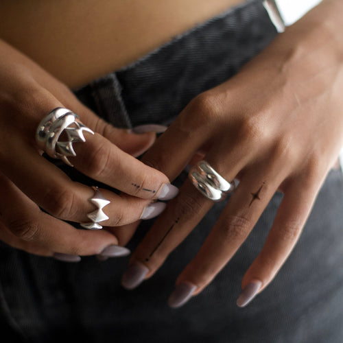 2 Moon Beam Rings + 2 Aura Rings Set | Contemporary Designer Rings 