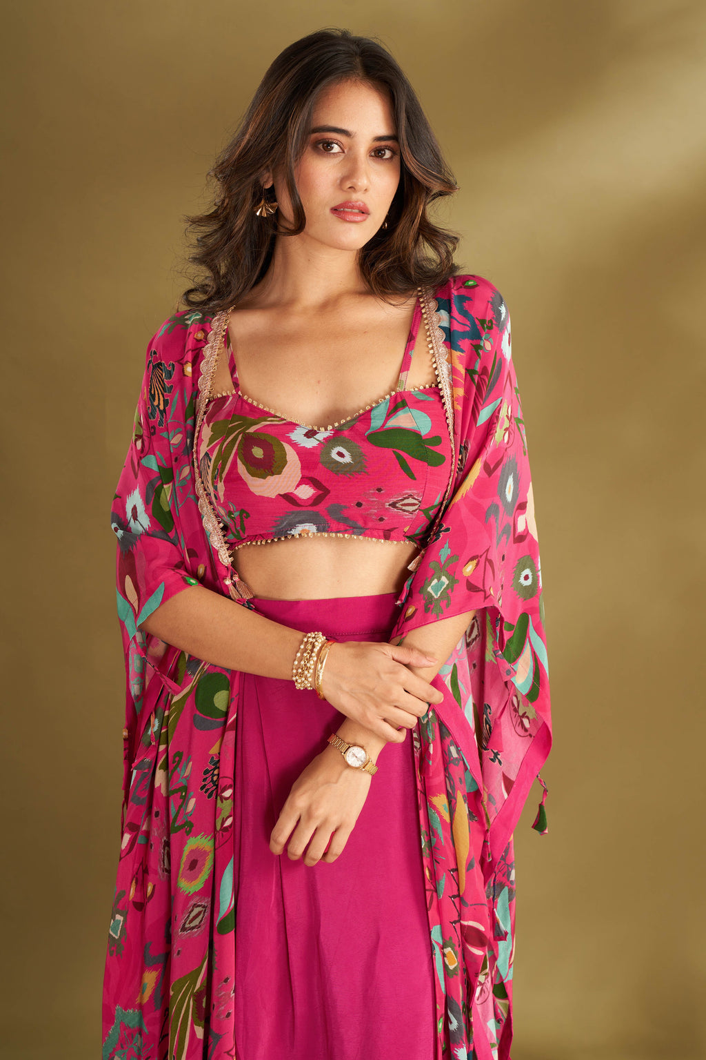 Hot Pink Drape Skirt & Cape Set | Designer Indo-Western Wedding Wear 