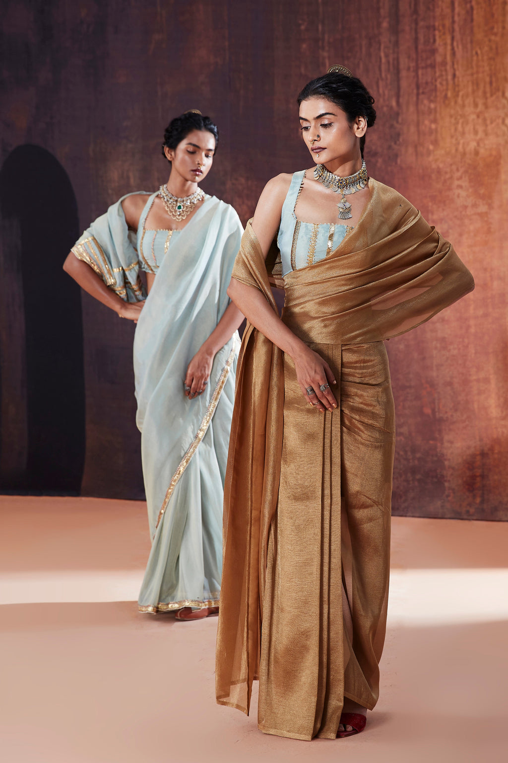 Gold Crush Tissue Pre-Drape Saree | Premium Indian Occasion Wear 