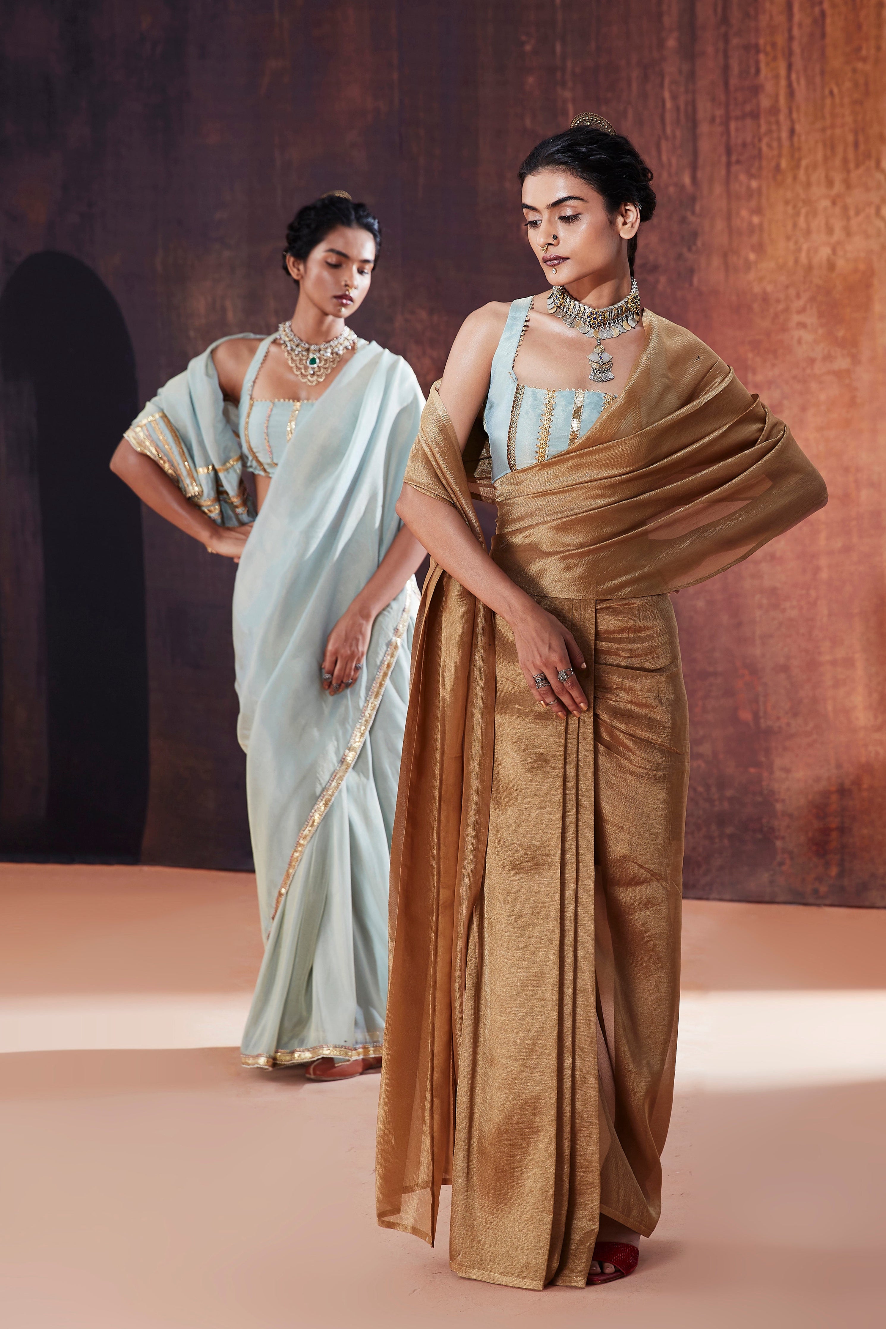 Gold Crush Tissue Pre-Drape Saree | Premium Indian Occasion Wear 