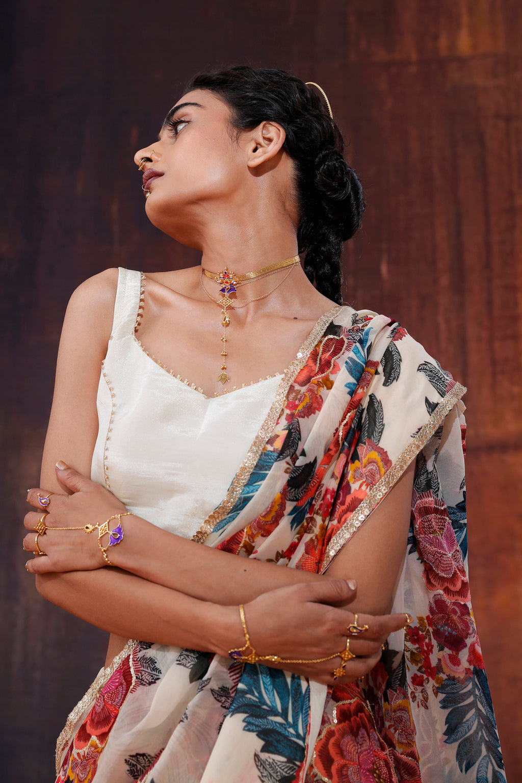 Ivory Floral Printed Organza Saree | Elegant Indian Wedding & Occasion Wear 