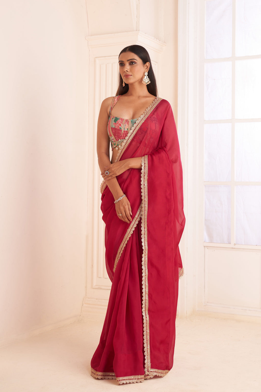 Rose Red Organza Saree With Printed Blouse | Stunning Designer Indian Occasion Wear