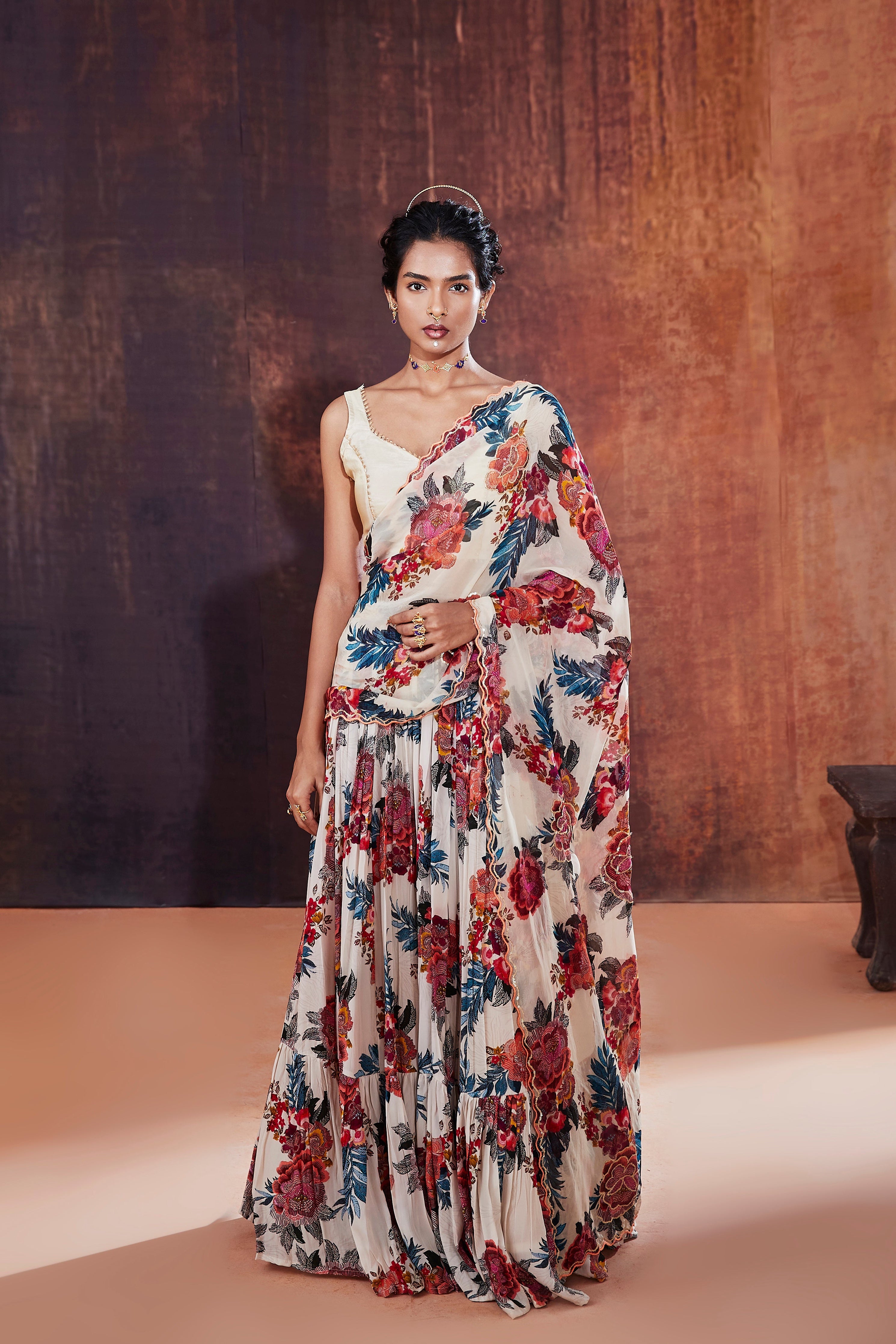 Ivory Floral Printed Lehenga Saree | Stunning Indian Wedding & Occasion Wear 