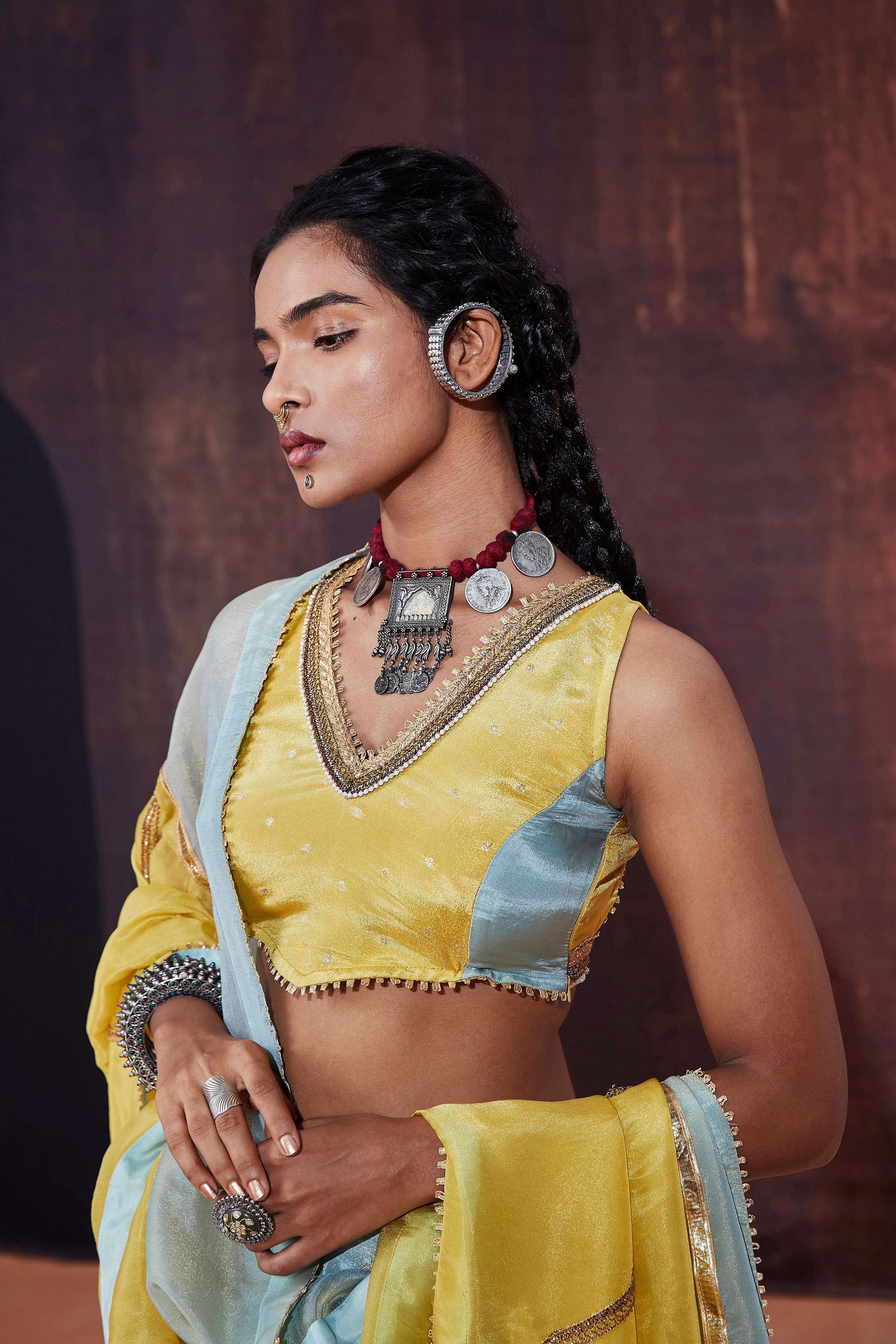 Powder Blue Tissue Lehenga Set | Designer Haldi Ceremony Outfit