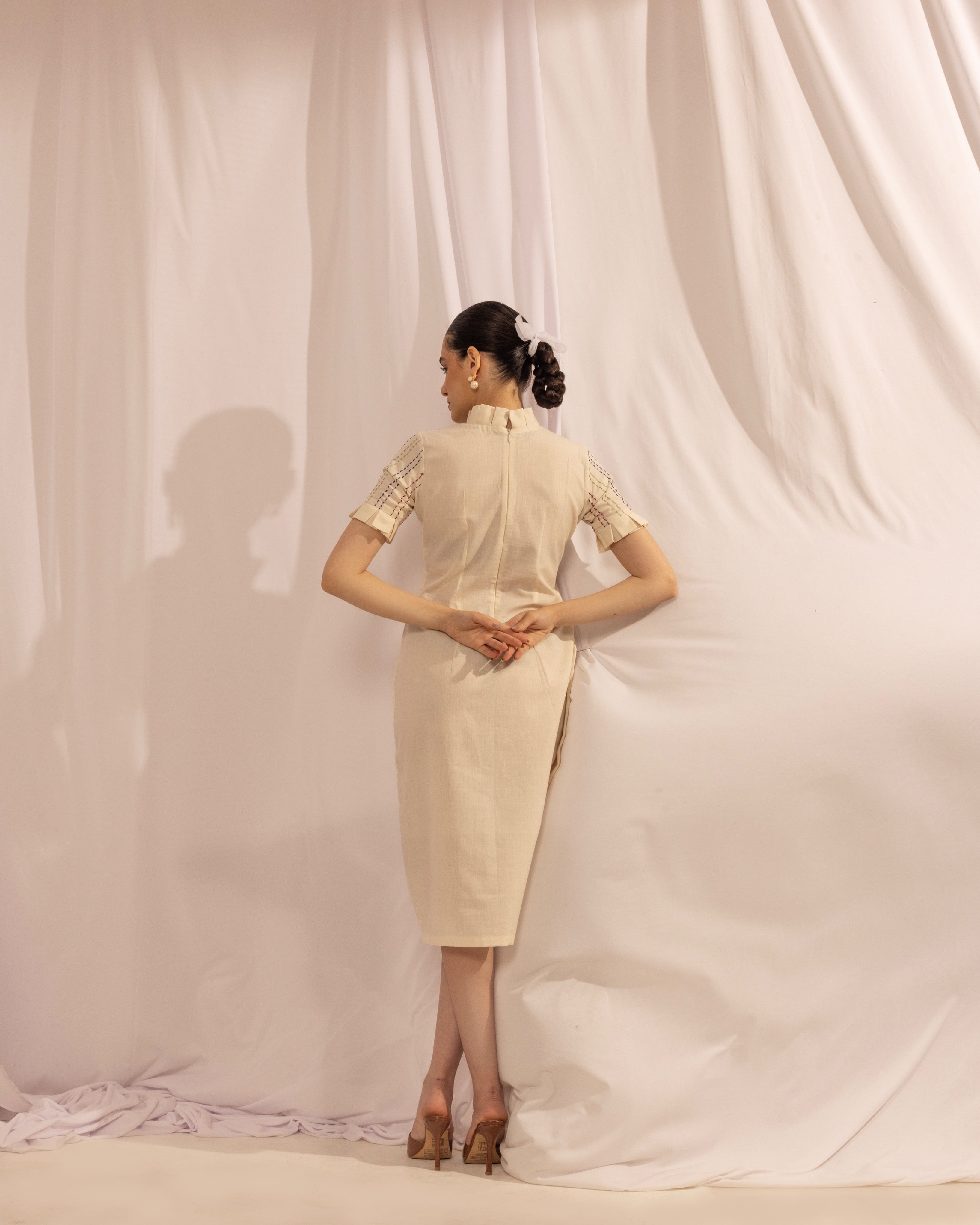 Pleated Midi Dress | Kantha Stitch Detail Dress The House Of Ara