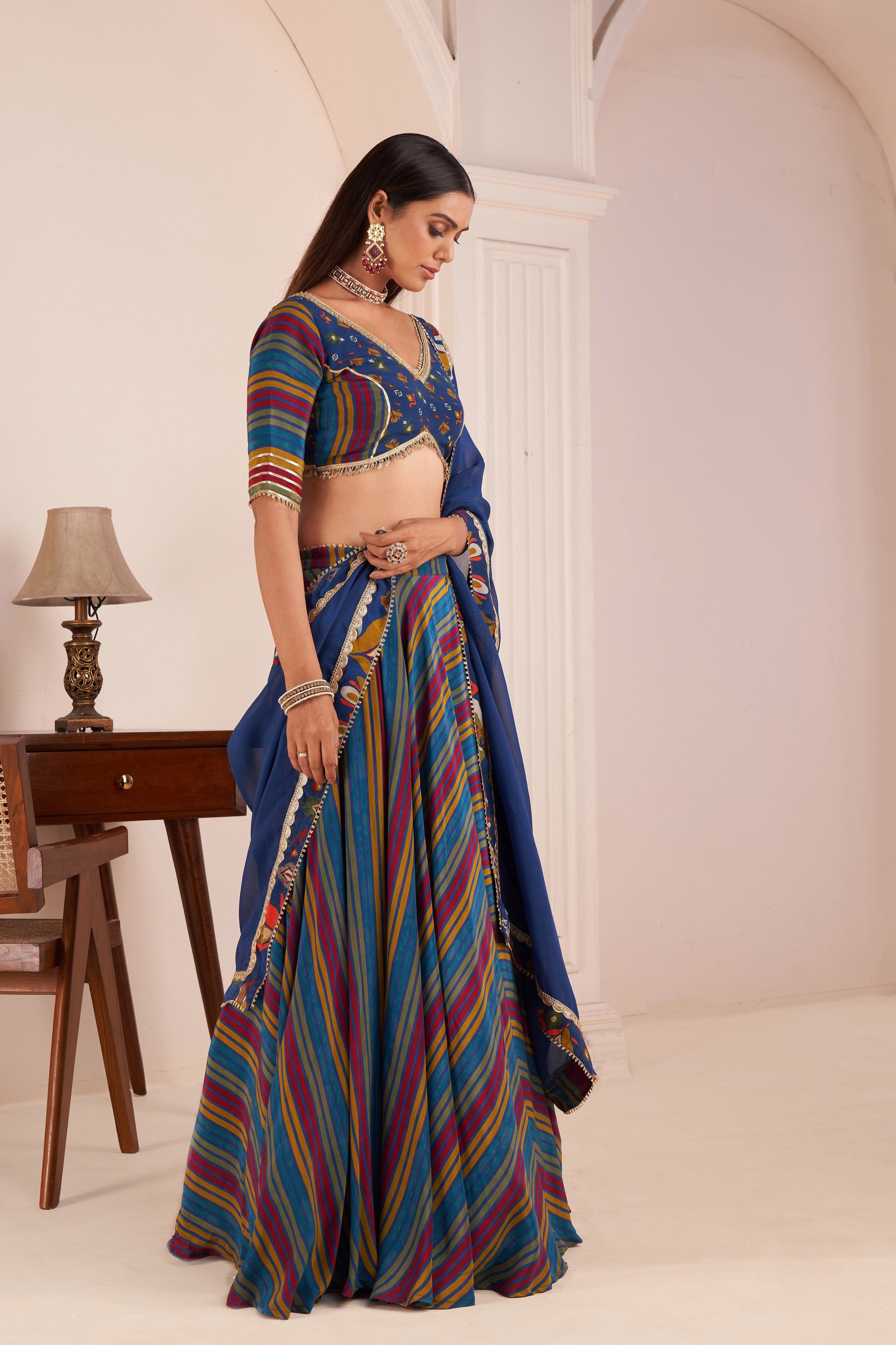 Blue Striped Lehenga Set With Embellished Blouse | Designer Indian Luxury Wedding Wear Affroz