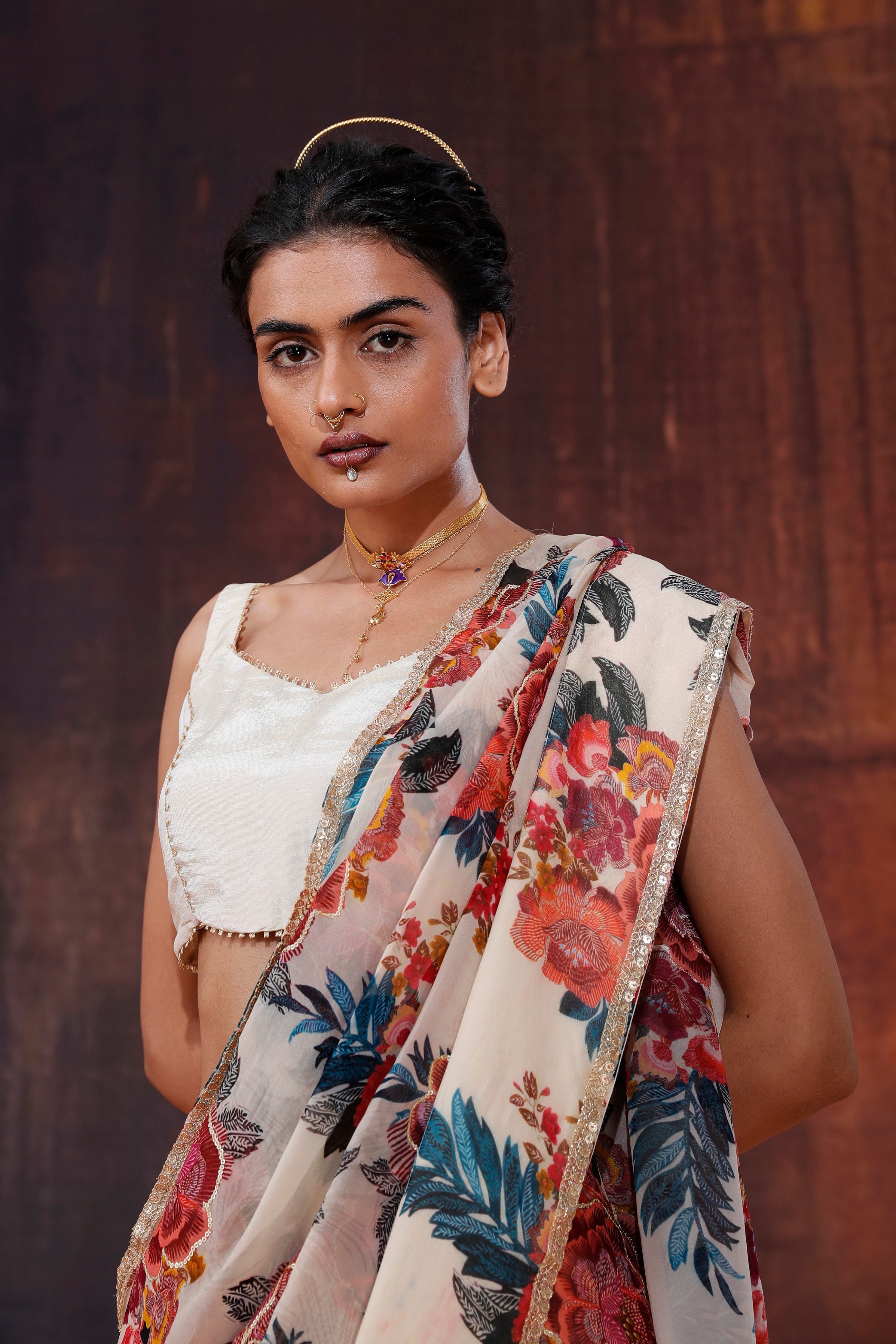 Ivory Floral Printed Organza Saree | Elegant Indian Wedding & Occasion Wear 