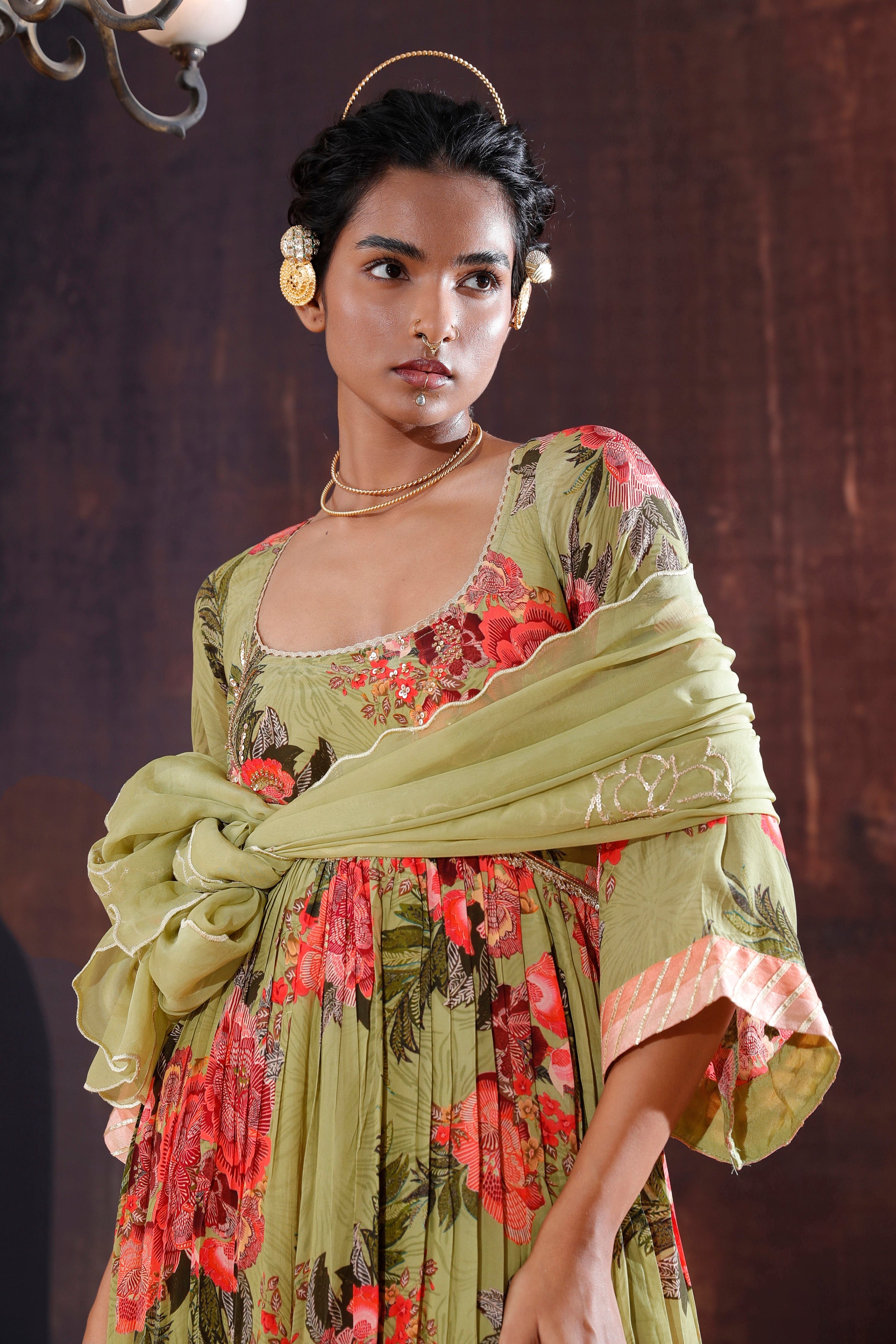 Moss Green Floral Printed Anarkali Set | Designer Indian Occasion Wear 