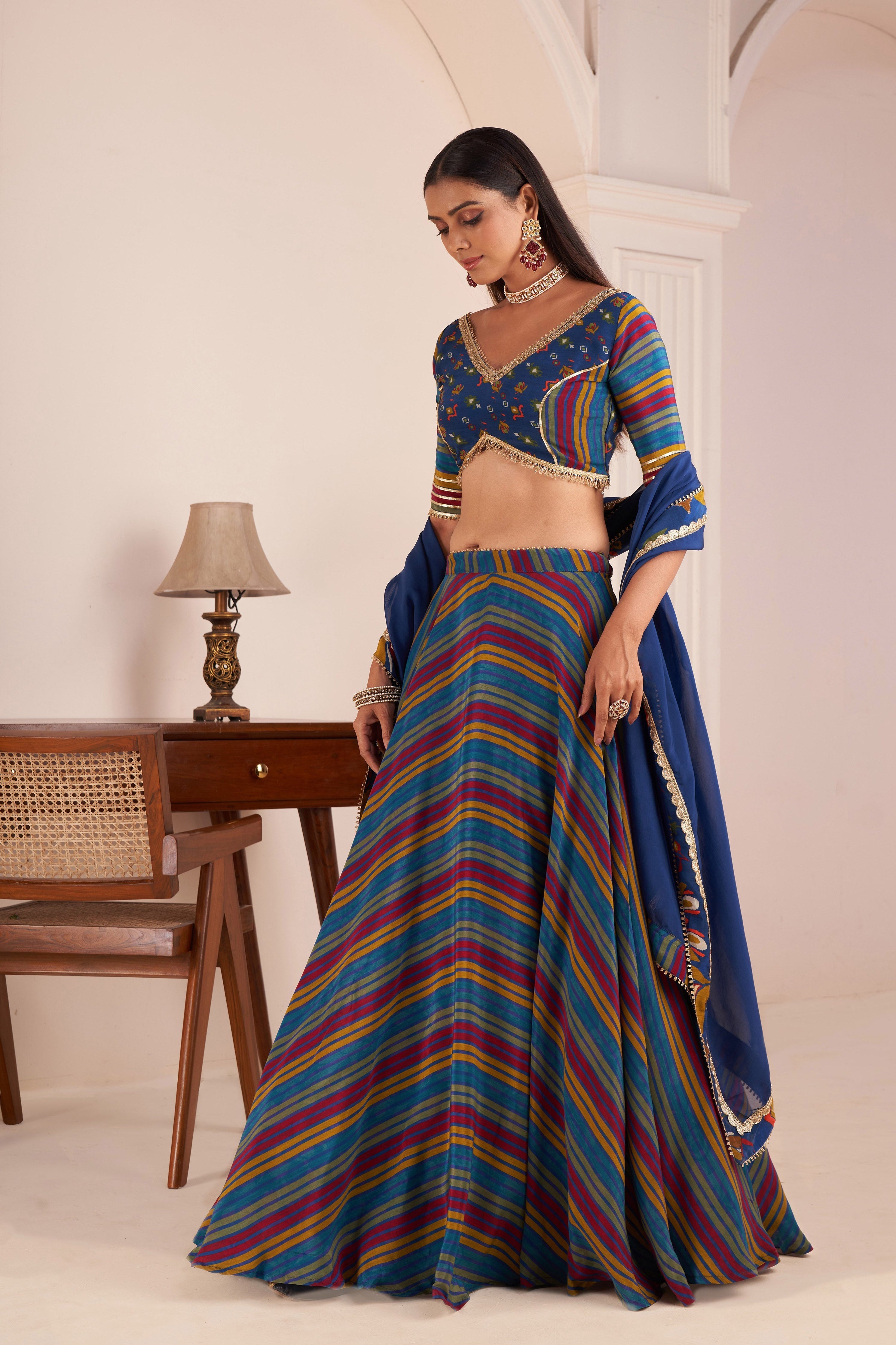 Blue Striped Lehenga Set With Embellished Blouse | Designer Indian Luxury Wedding Wear Affroz