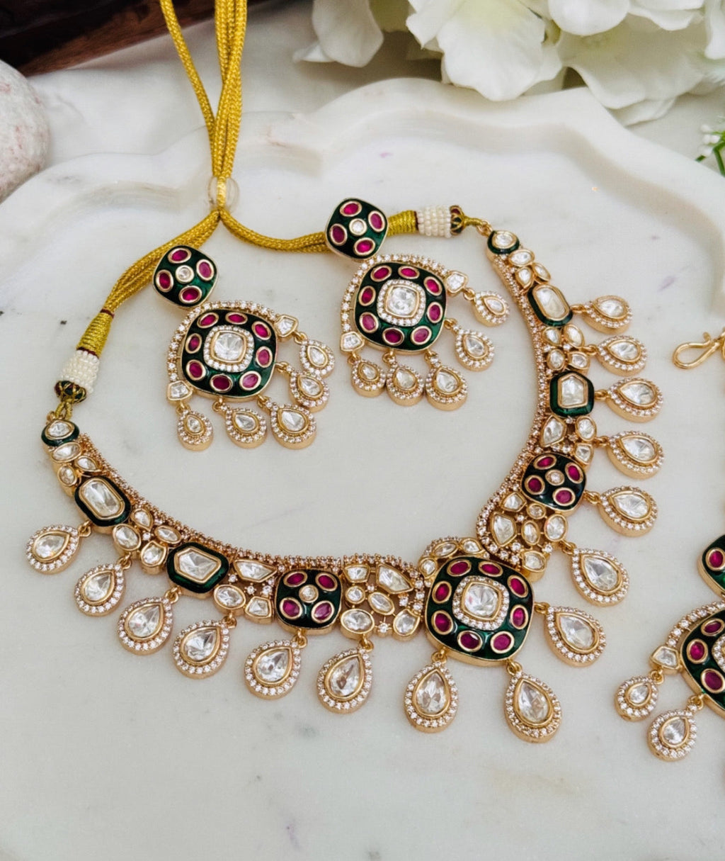 Meena and Kundan Polki Necklace Set With Maangtika | Semi-Precious Kundan & Meenakari Jewellery | Indian Festive, Bridal & Wedding Accessories
