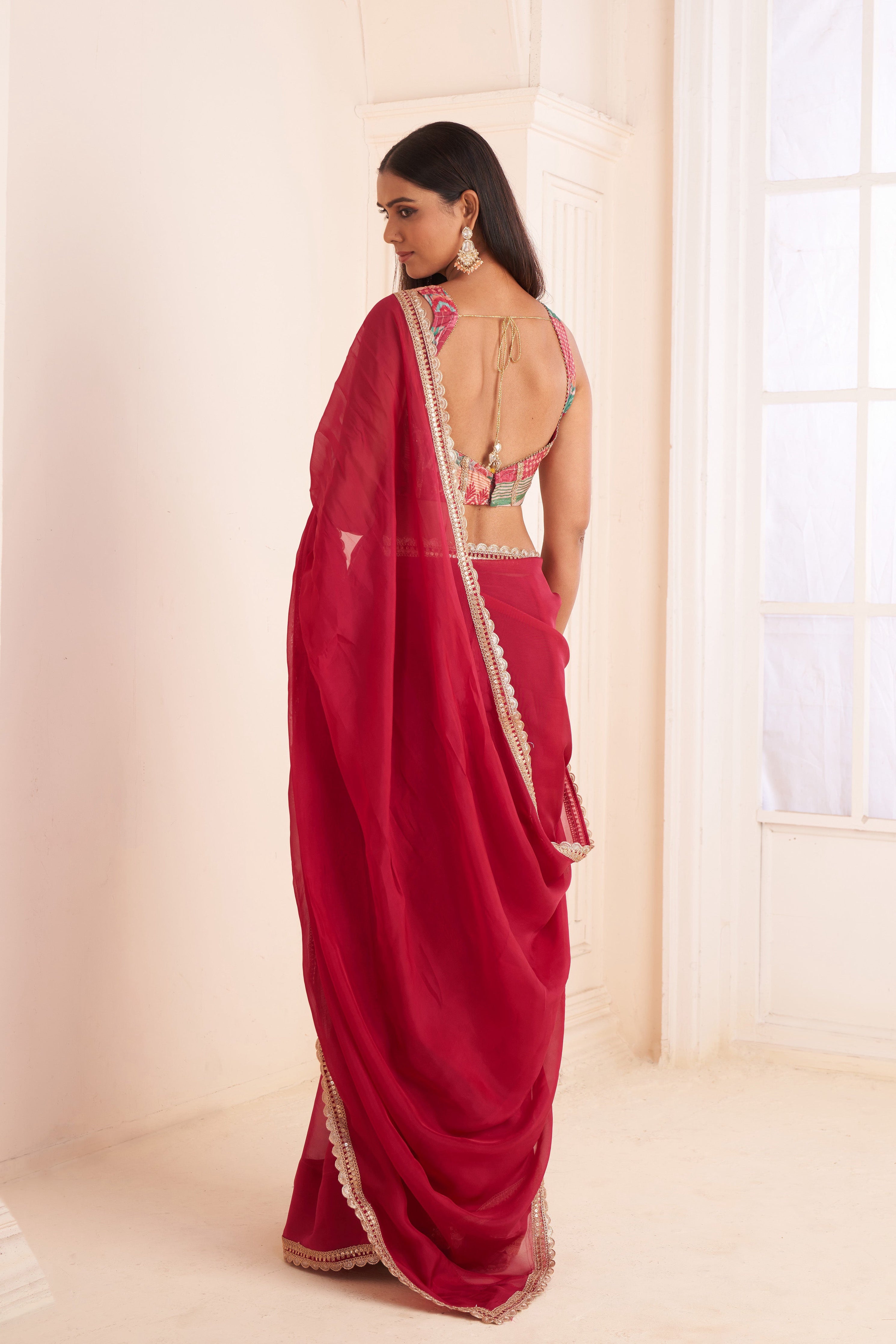 Rose Red Organza Saree With Printed Blouse | Stunning Designer Indian Occasion Wear