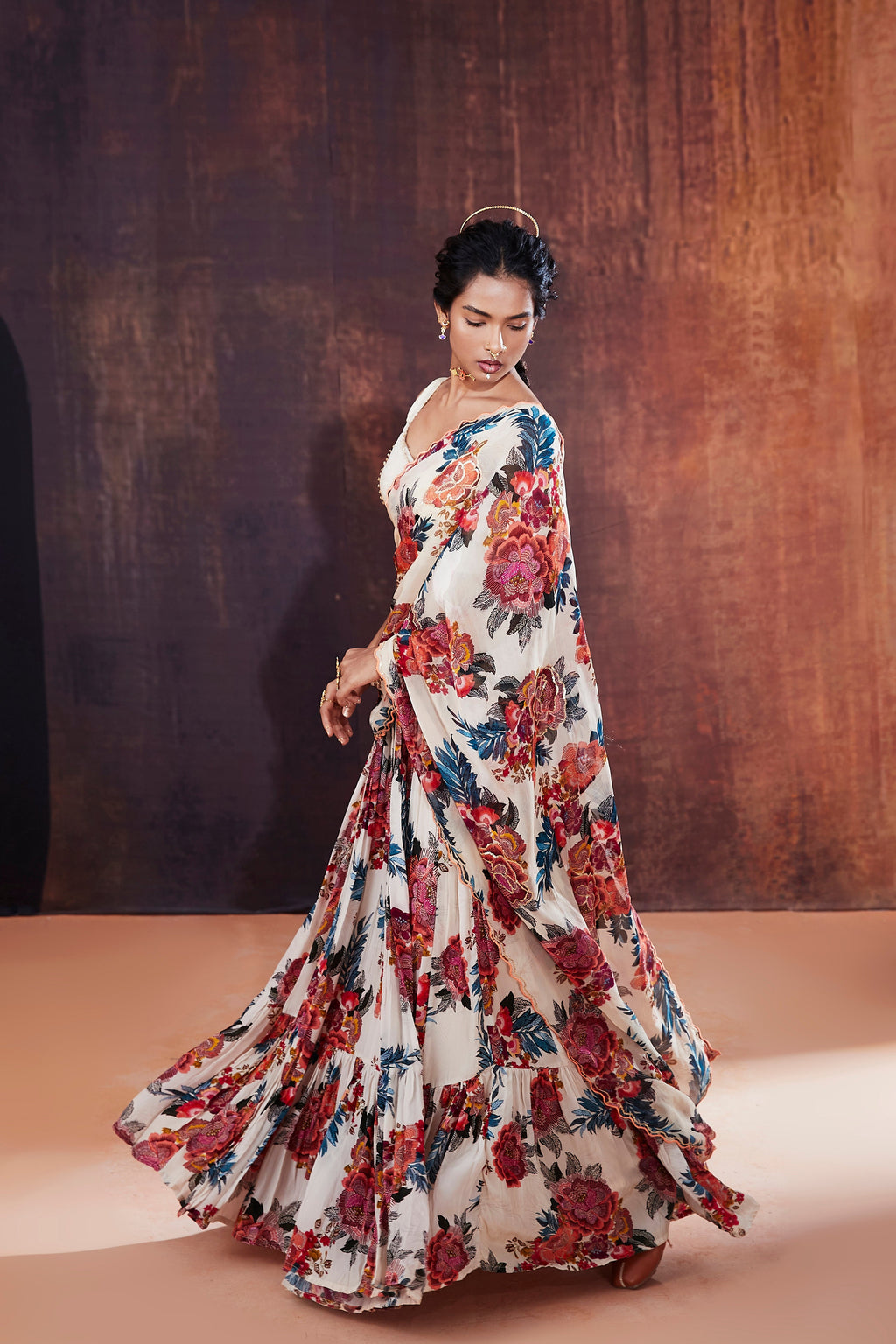 Ivory Floral Printed Lehenga Saree | Stunning Indian Wedding & Occasion Wear 