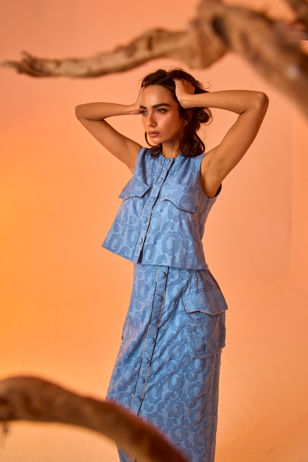 Azora | Floral-Textured Top & Skirt Co-ord Set An'era by Asmita Verma