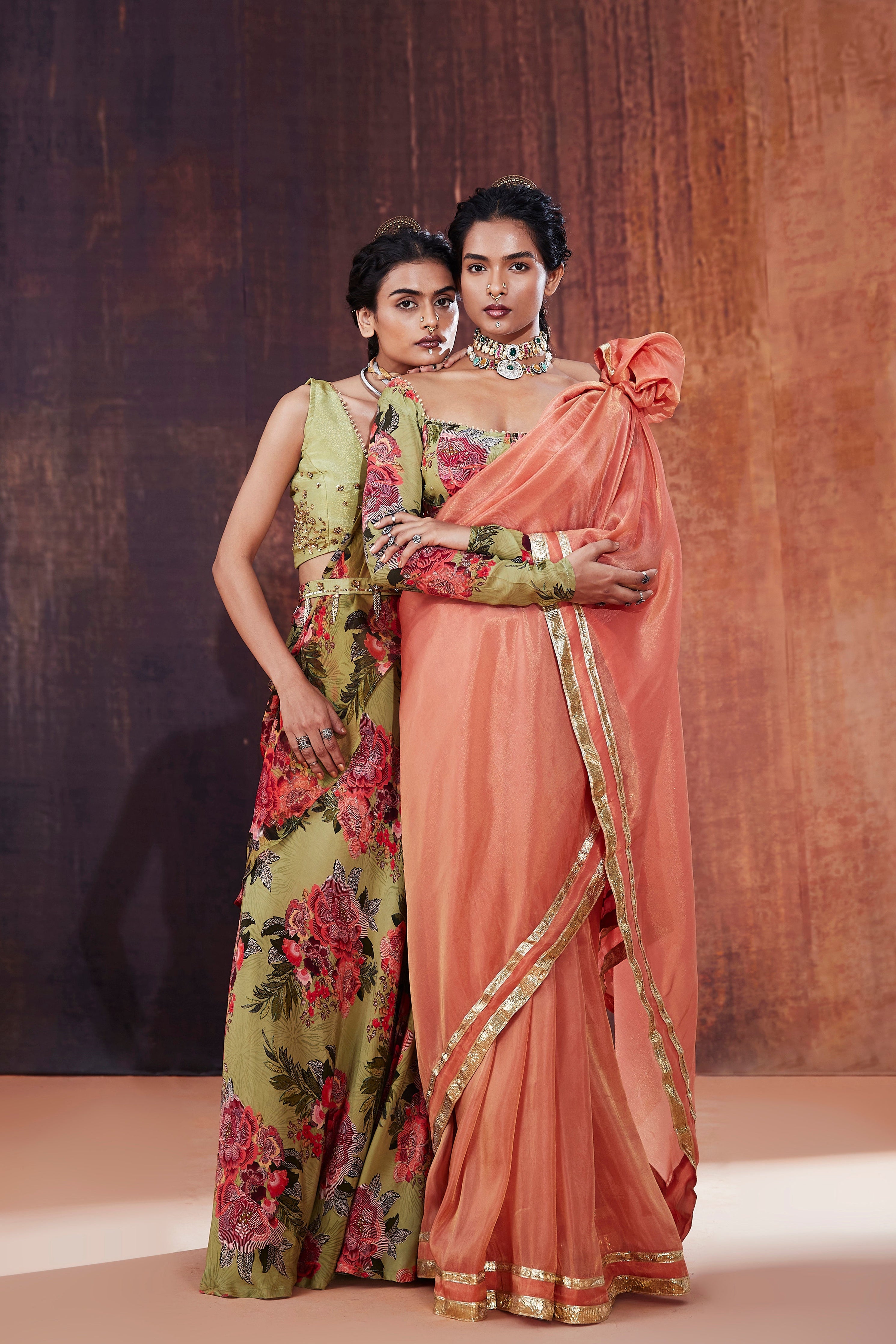 Coral Tissue Silk Saree Set | Chic Designer Indian Wedding & Occasion Wear 