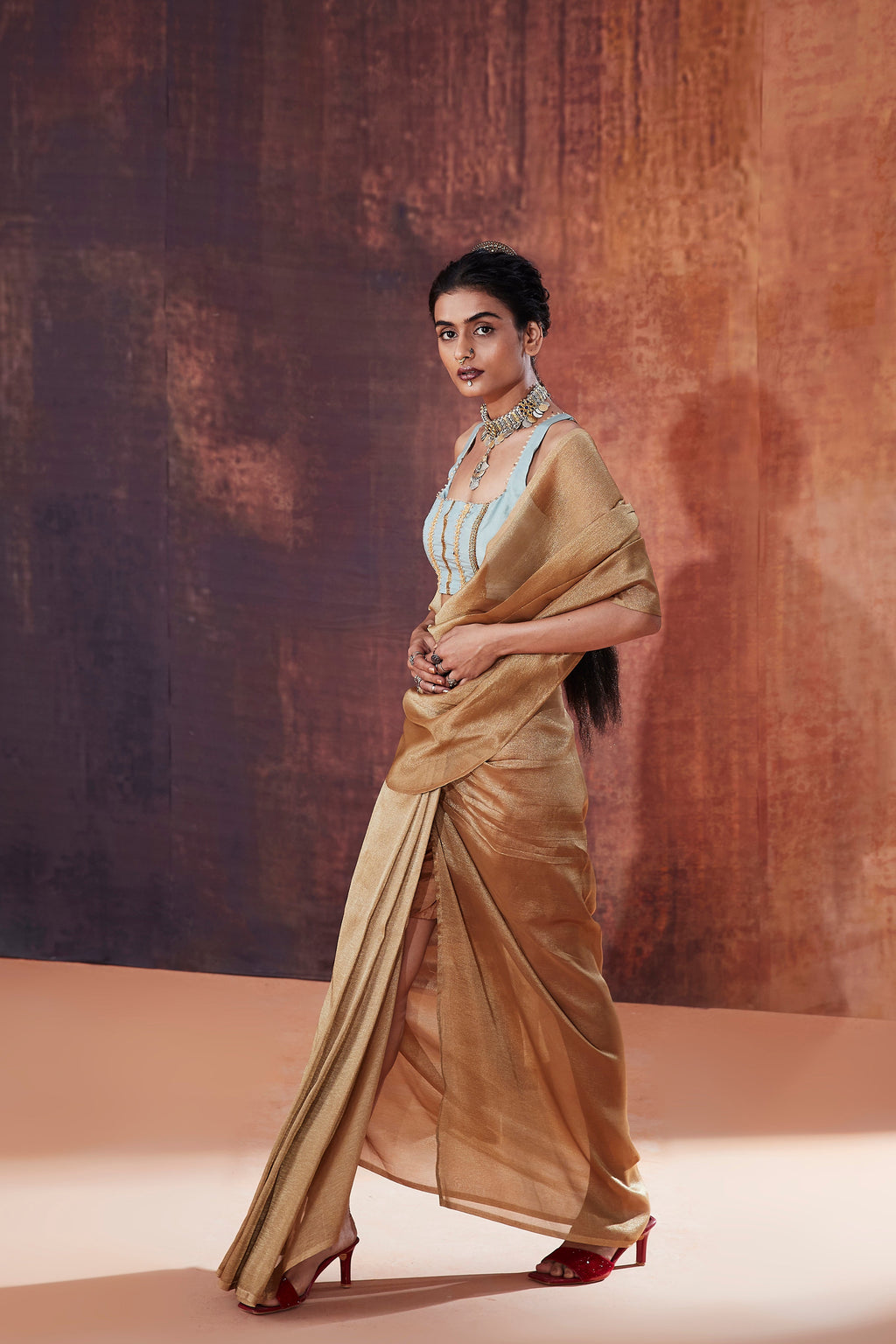 Gold Crush Tissue Pre-Drape Saree | Premium Indian Occasion Wear 