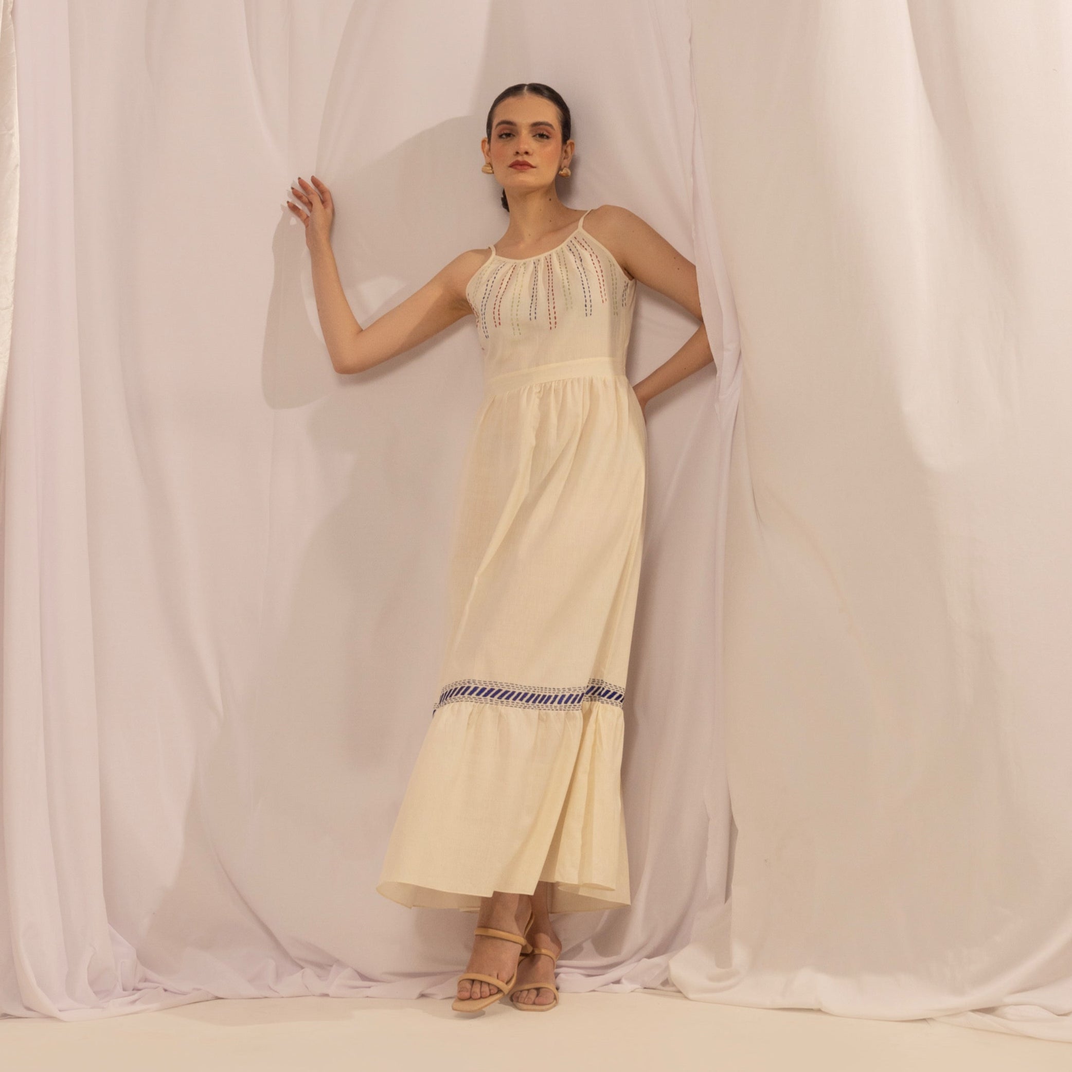 Long Tiered Dress | Hand-Embroidered Kantha Dress The House Of Ara