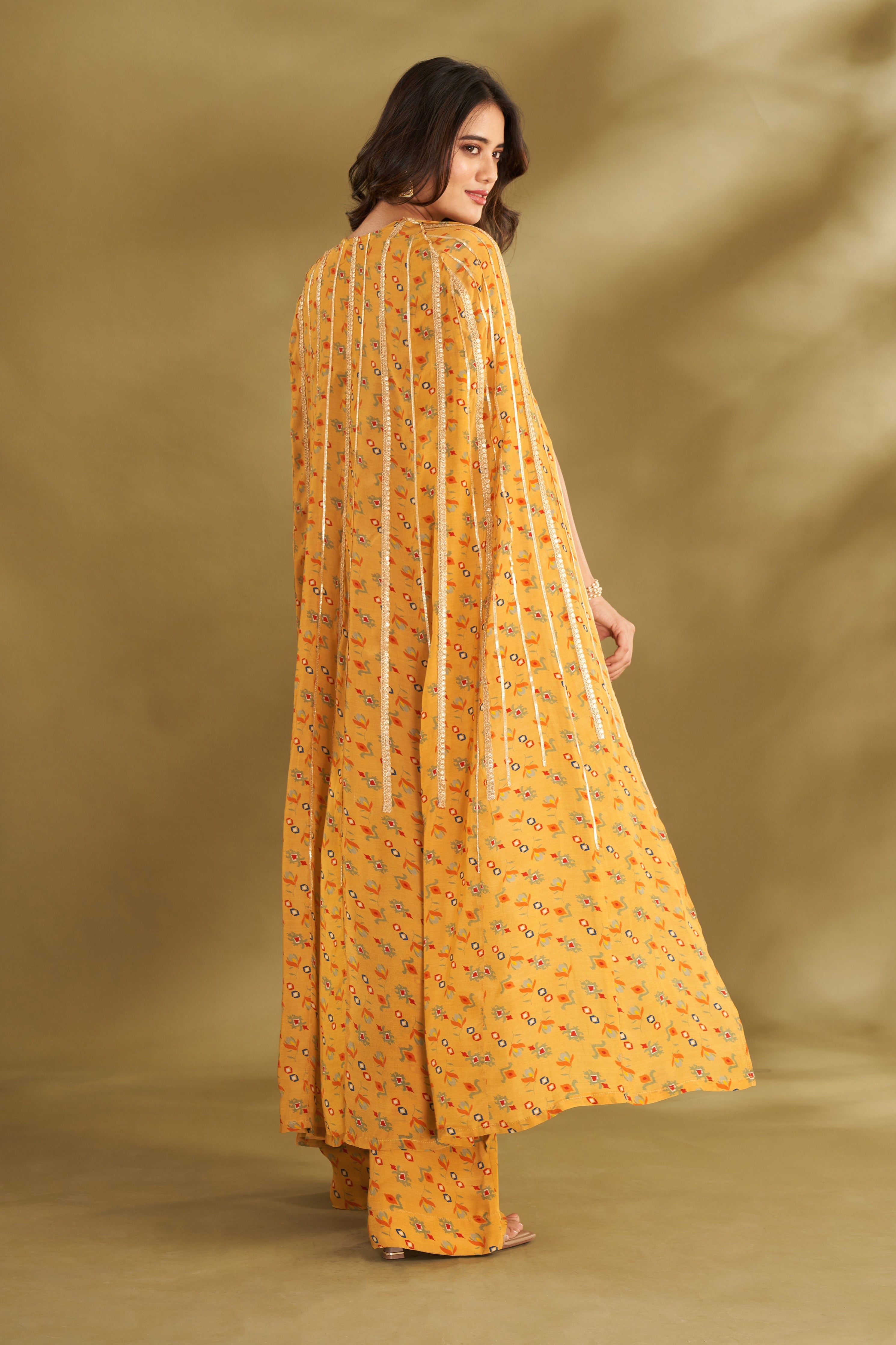 Dandelion Yellow Printed & Embroidered Cape Set | Designer Indo-Western Haldi Outfit 