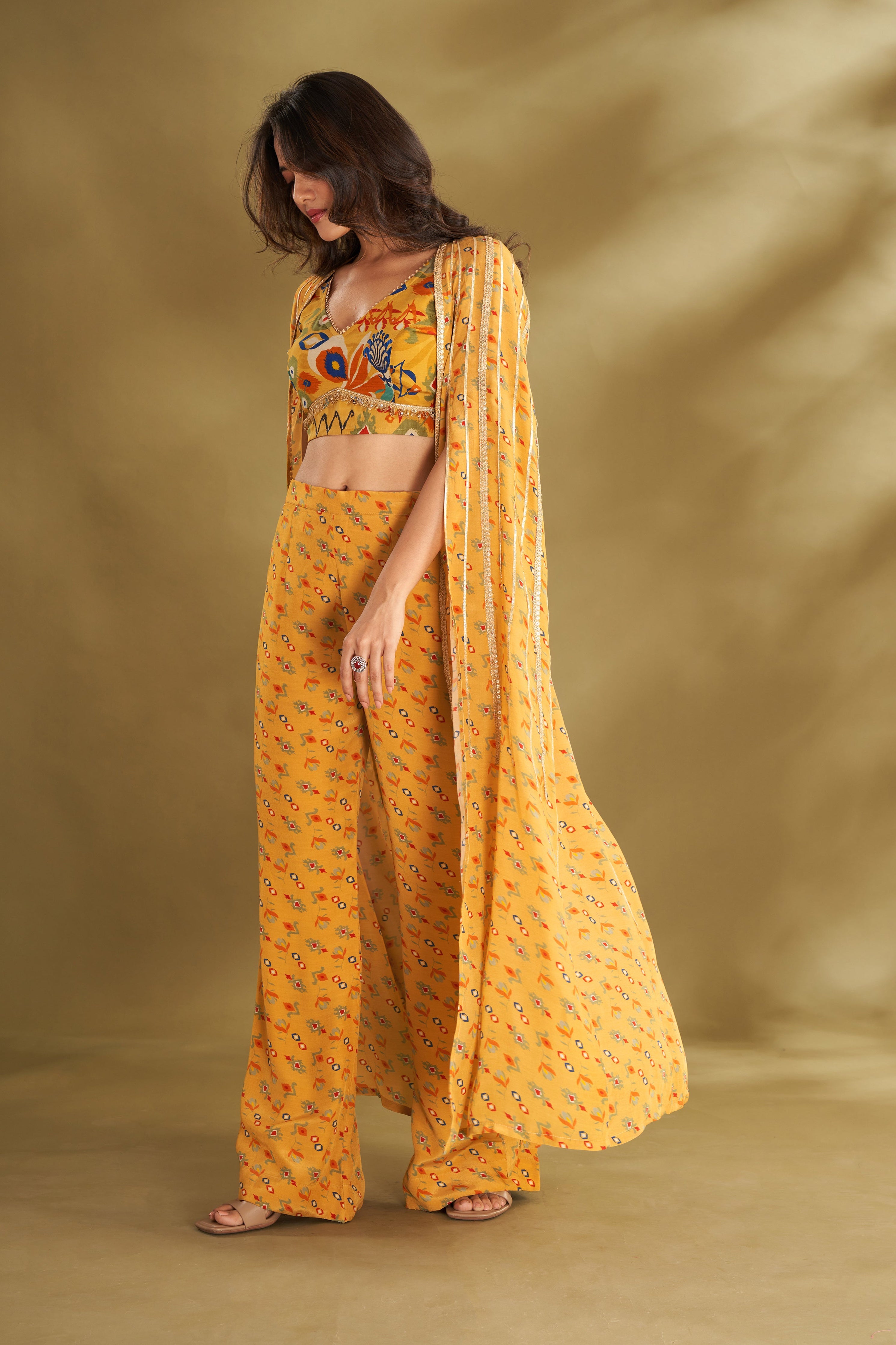 Dandelion Yellow Printed & Embroidered Cape Set | Designer Indo-Western Haldi Outfit 