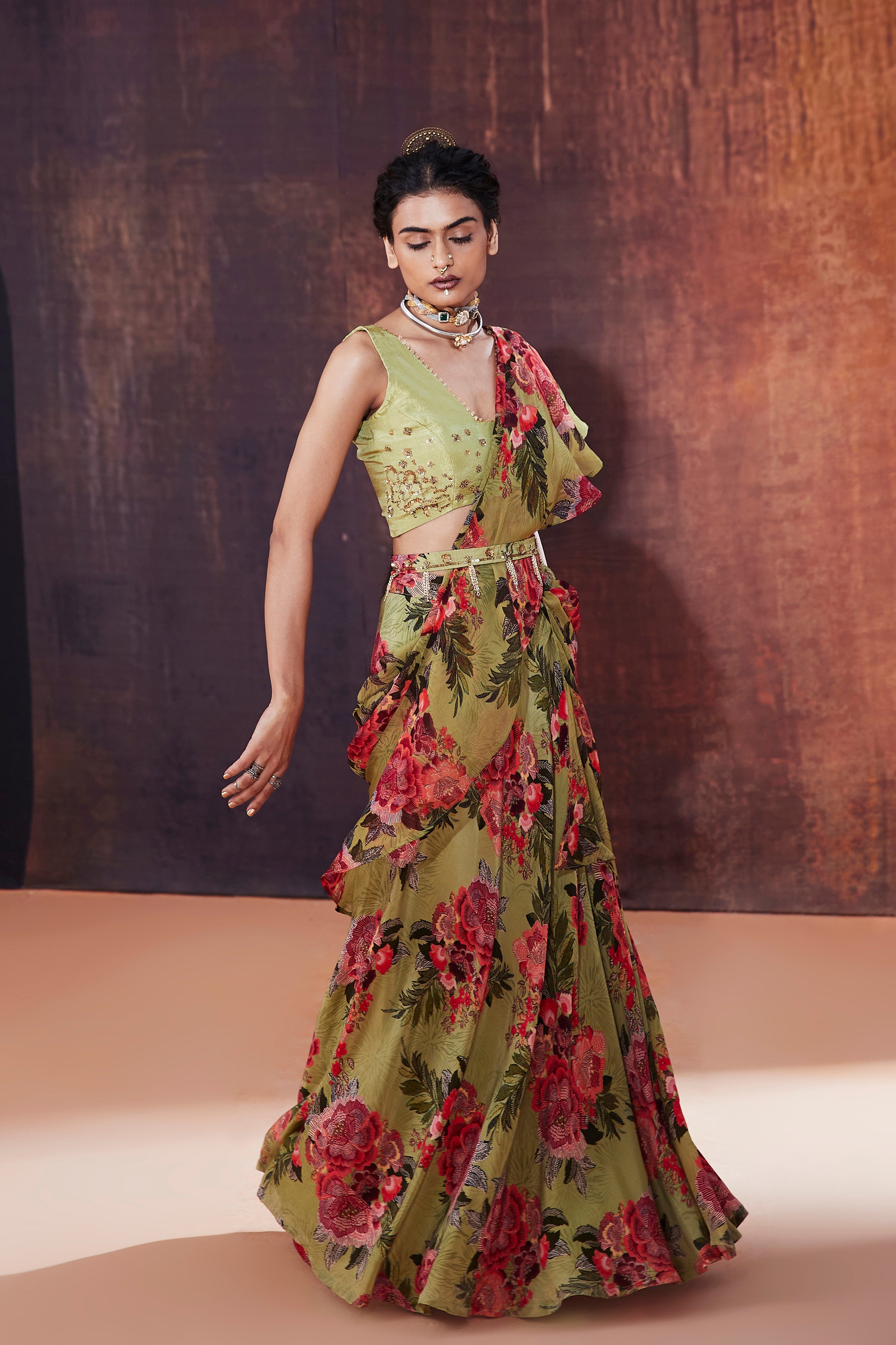 Moss Green Floral Printed Ruffled Saree | Elegant Designer Indian Occasion Wear 