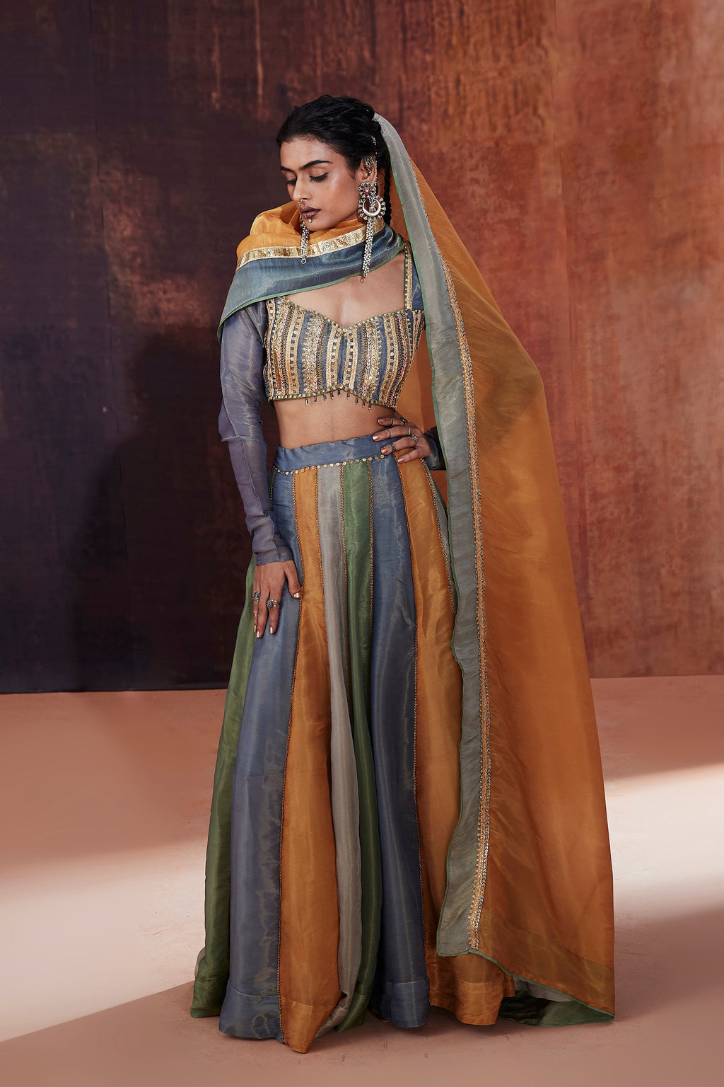 Multi-Coloured Tissue Lehenga Set | Stunning Designer Indian Occasion Wear
