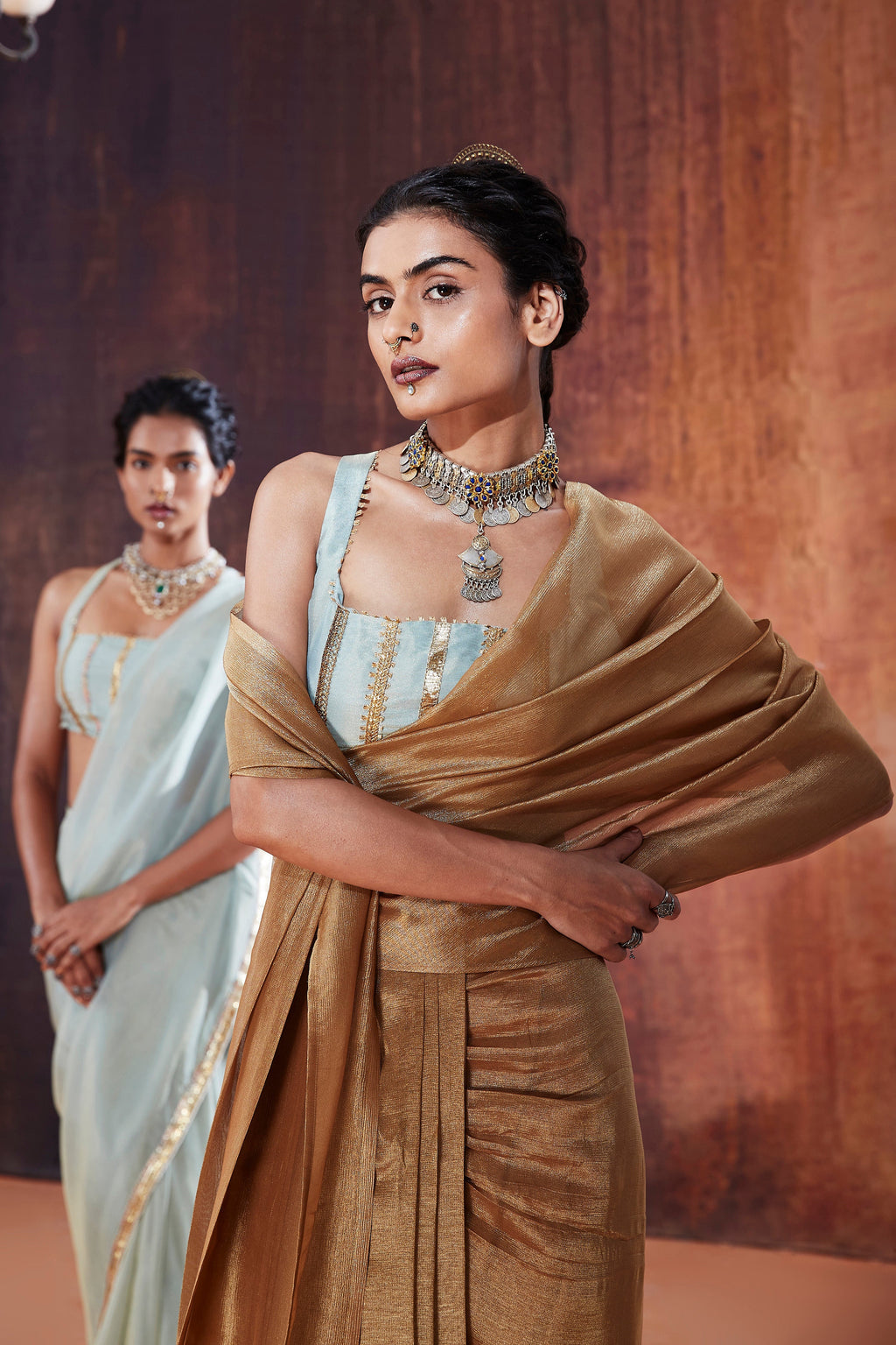 Gold Crush Tissue Pre-Drape Saree | Premium Indian Occasion Wear 