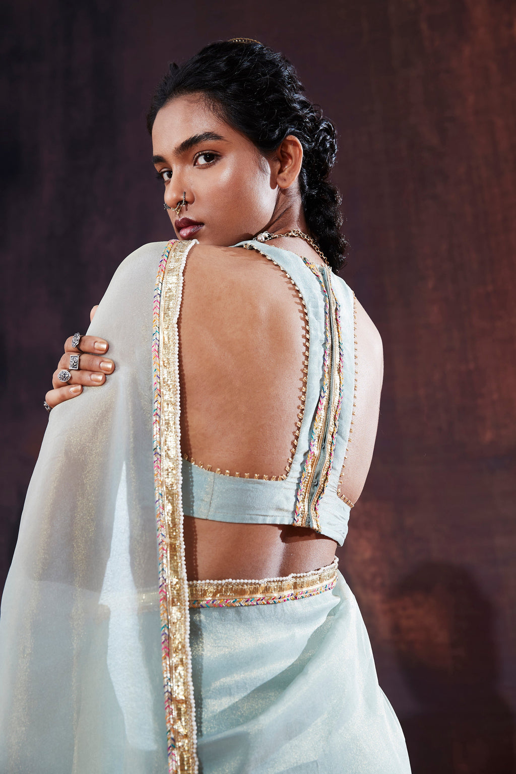 Powder Blue Tissue Saree Set | Luxury Indian Wedding Wear