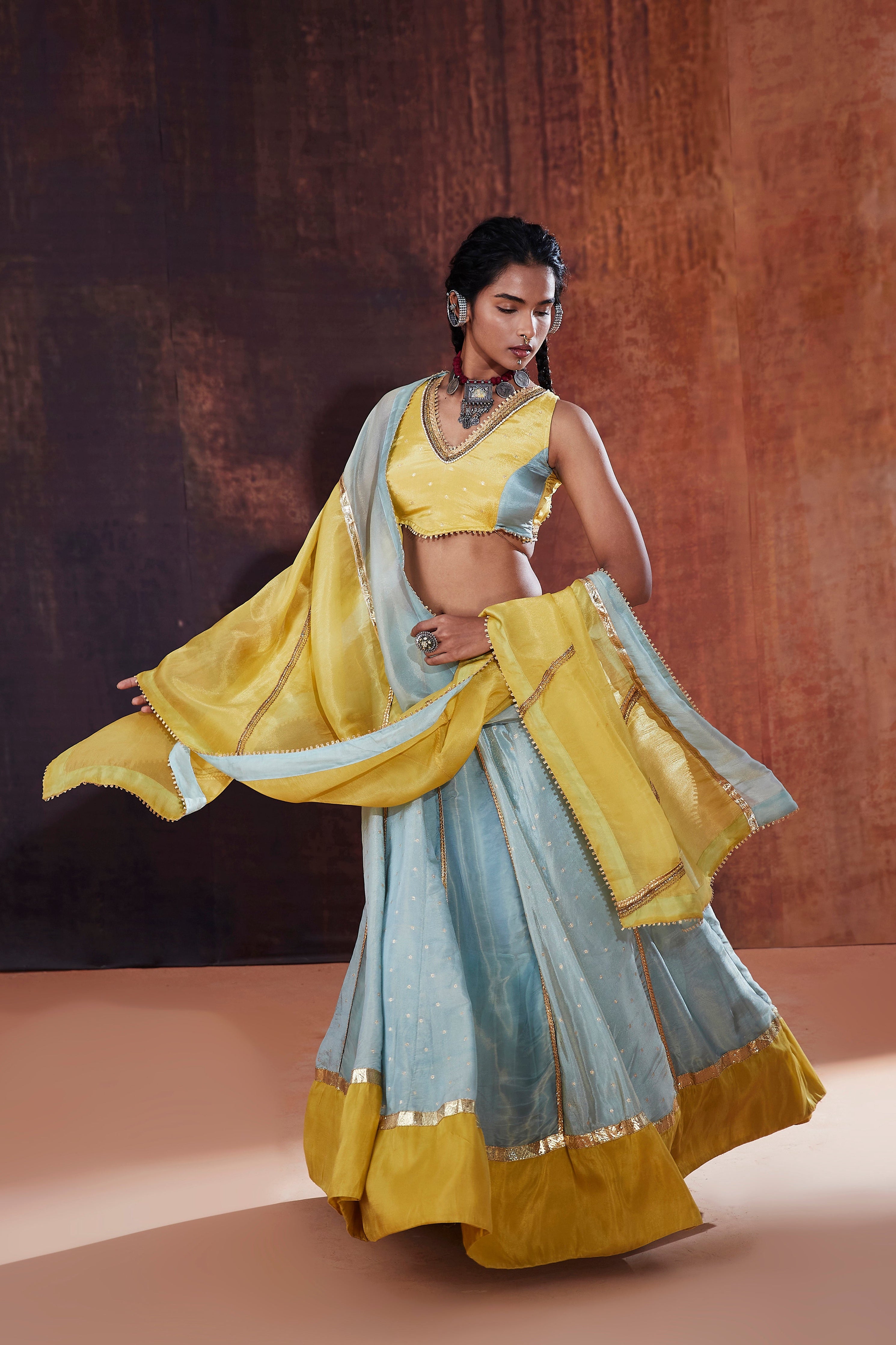 Powder Blue Tissue Lehenga Set | Designer Haldi Ceremony Outfit