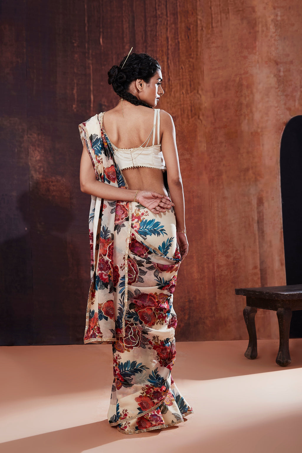 Ivory Floral Printed Organza Saree | Elegant Indian Wedding & Occasion Wear 