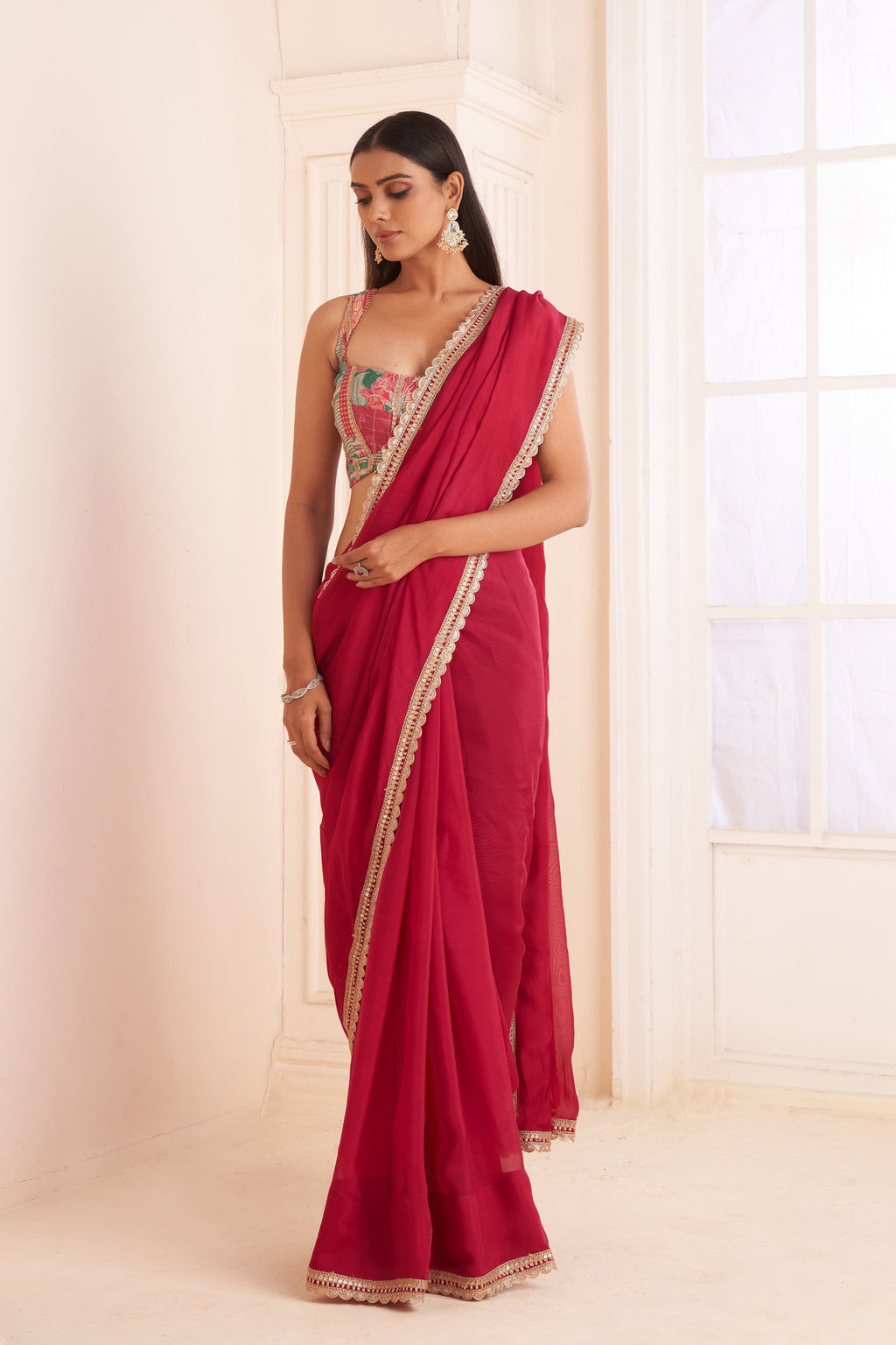 Rose Red Organza Saree With Printed Blouse | Stunning Designer Indian Occasion Wear