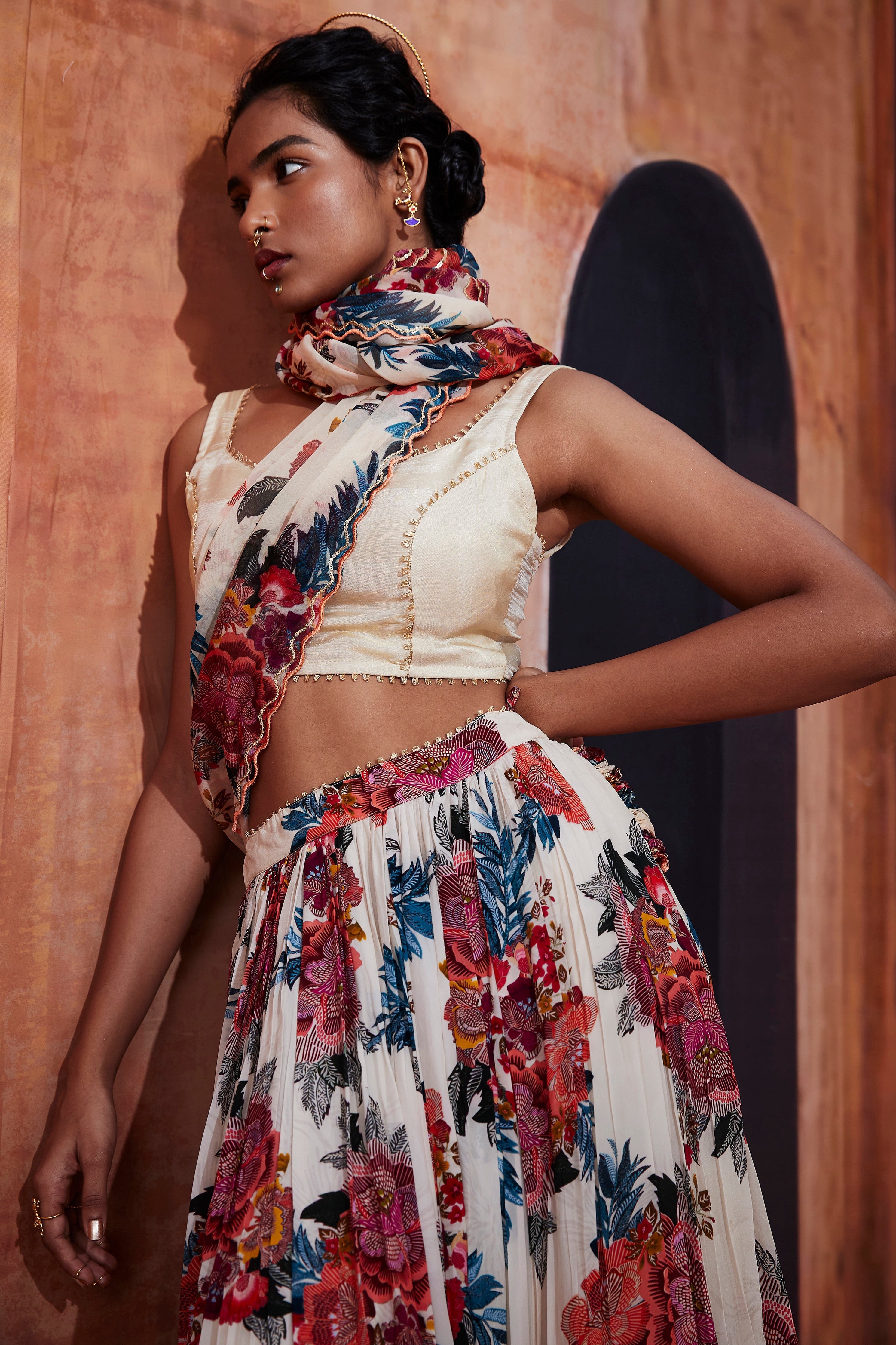 Ivory Floral Printed Lehenga Saree | Stunning Indian Wedding & Occasion Wear 