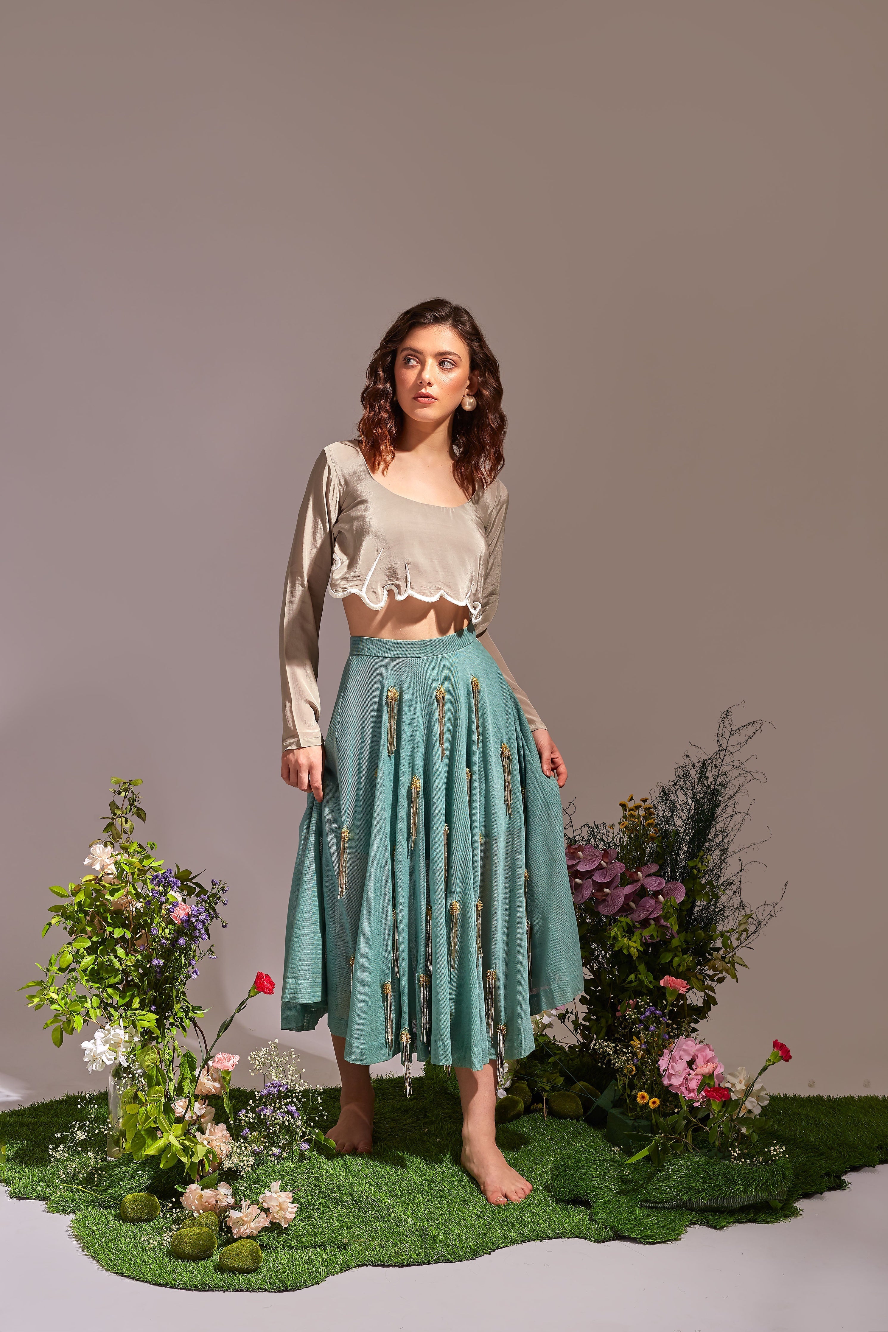 Fleuri | Scallop-Cut Top & Mesh Skirt Set An'era by Asmita Verma