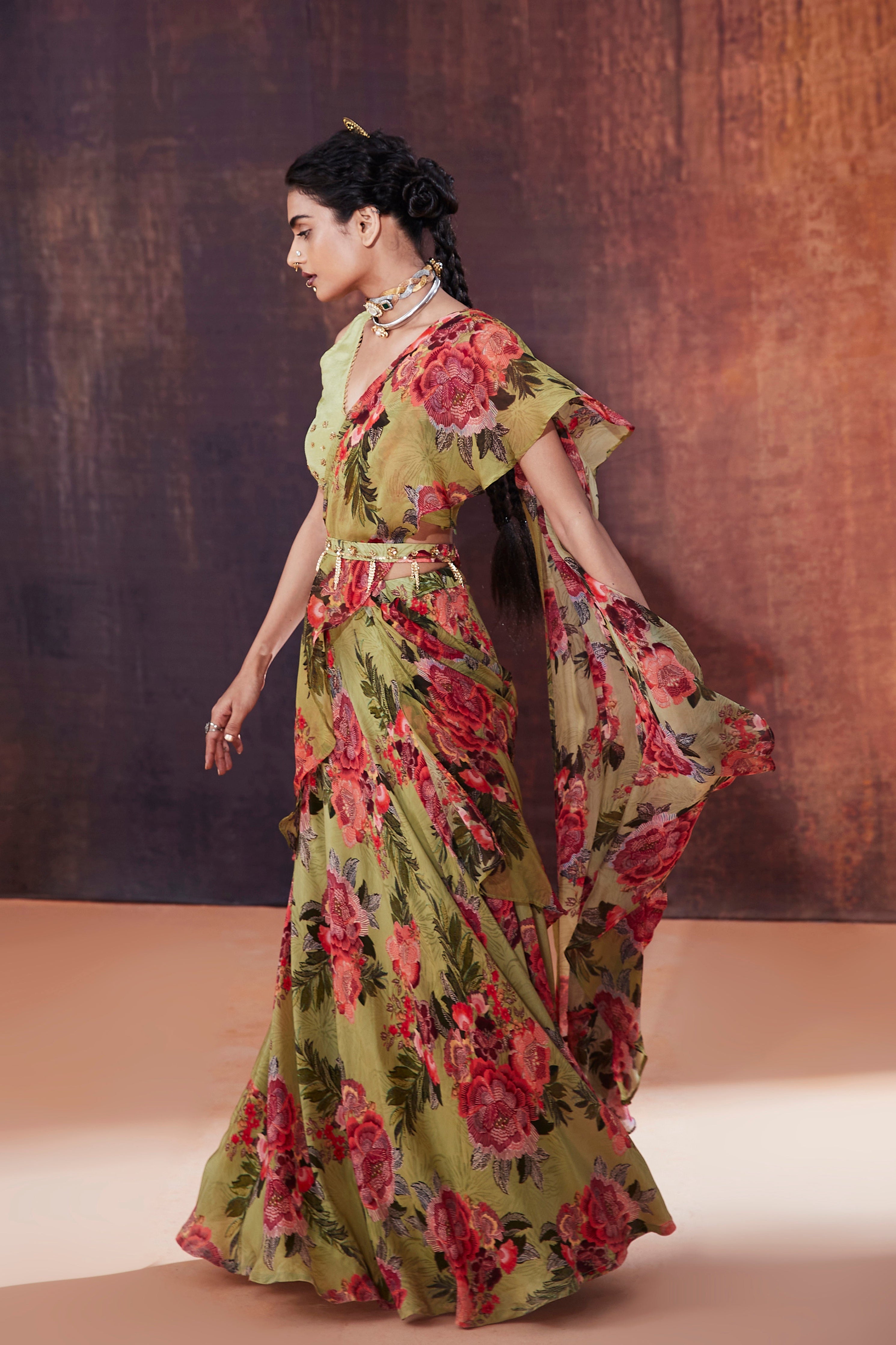 Moss Green Floral Printed Ruffled Saree | Elegant Designer Indian Occasion Wear 