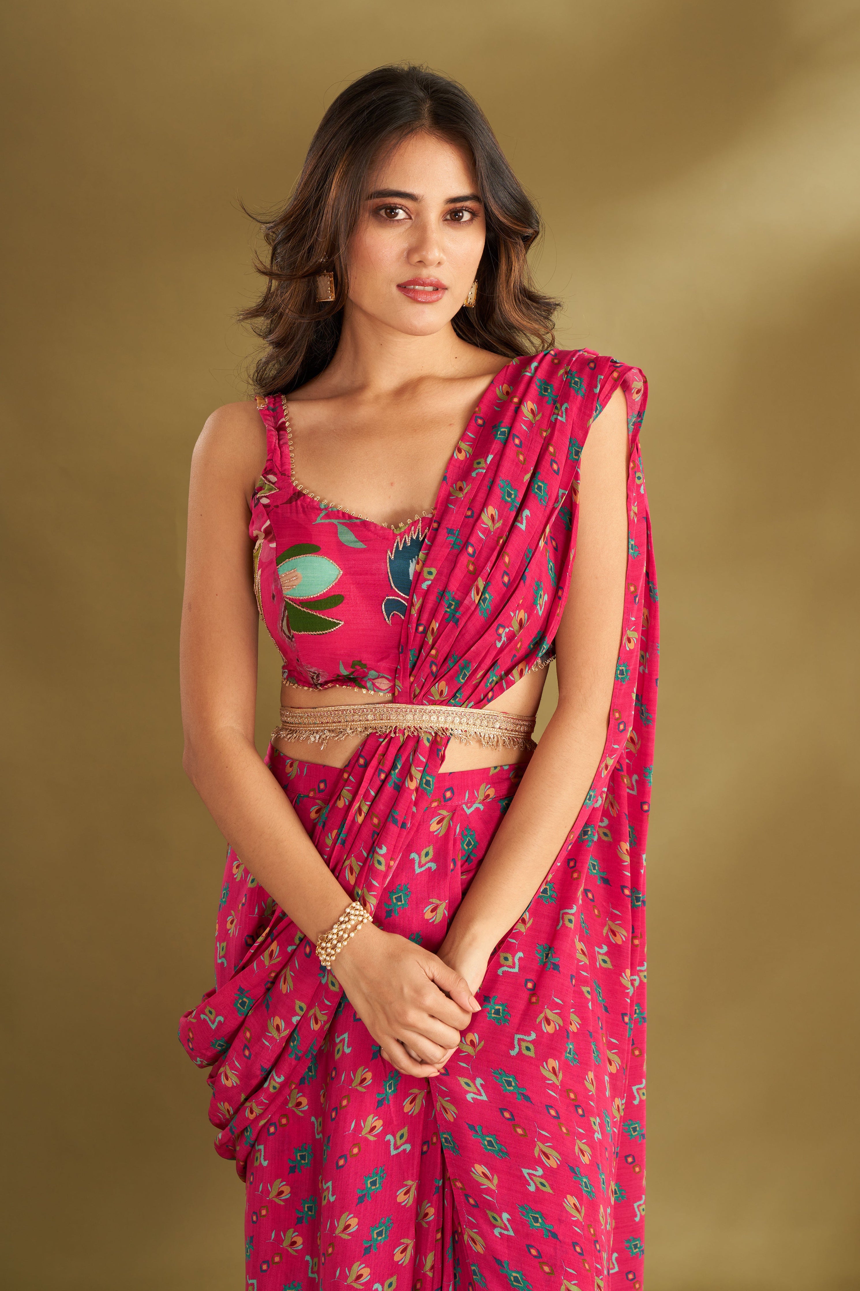 Hot Pink Printed & Embroidered Pre-Draped Saree Set | Designer Indian Occasion Wear