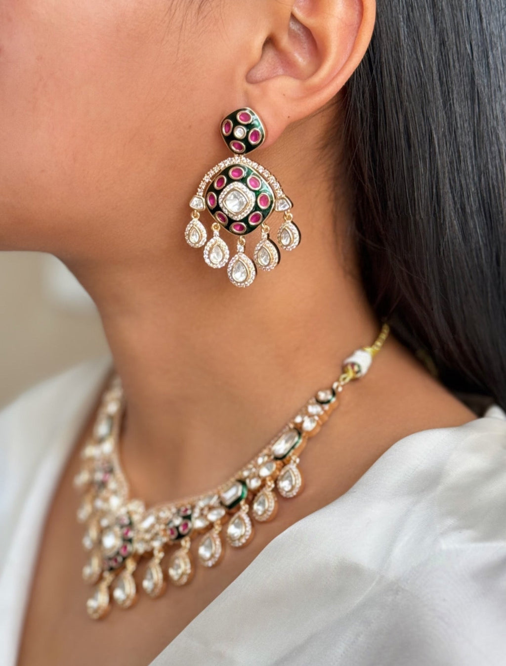 Meena and Kundan Polki Necklace Set With Maangtika | Semi-Precious Kundan & Meenakari Jewellery | Indian Festive, Bridal & Wedding Accessories