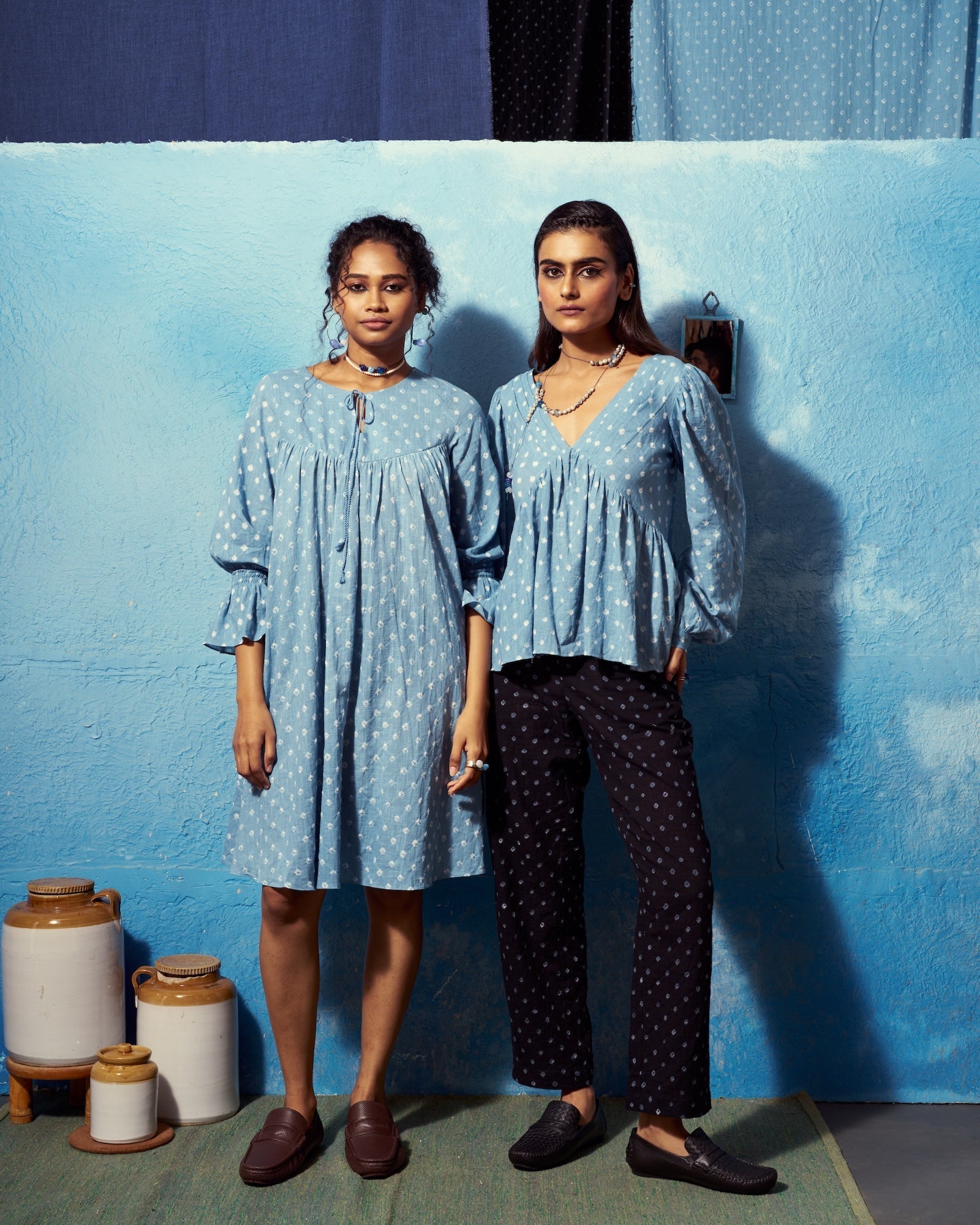 Elegant Rohini Top and Ira Pants Co-ord Set | Blue Bandhej Cotton The House Of Ara