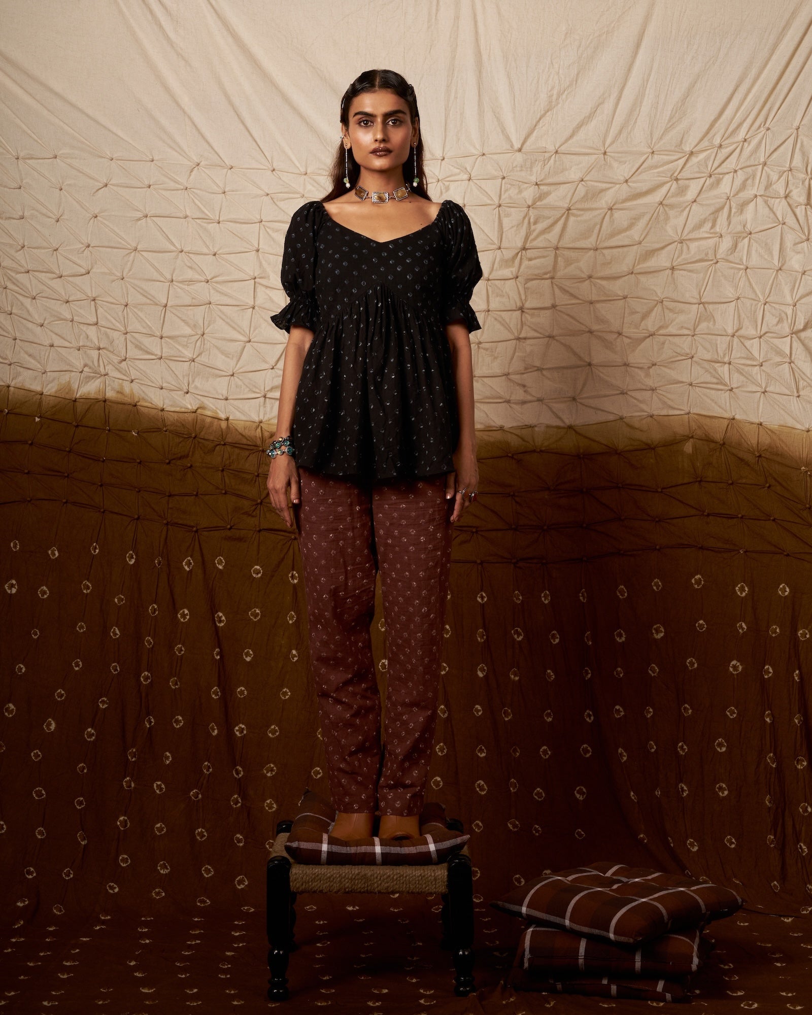 Meghaa Top and Ira Pants Co-ord Set | Black & Brown Bandhej Cotton The House Of Ara