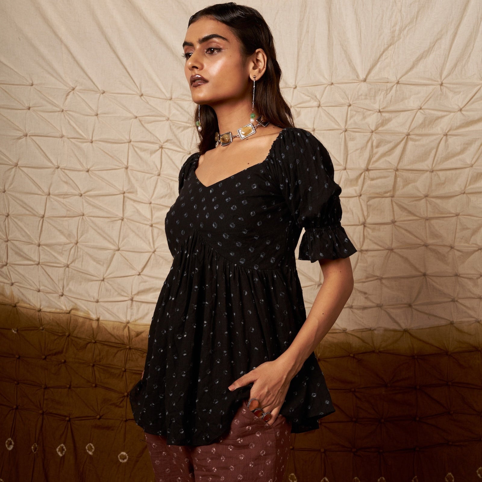 Meghaa Top and Ira Pants Co-ord Set | Black & Brown Bandhej Cotton The House Of Ara