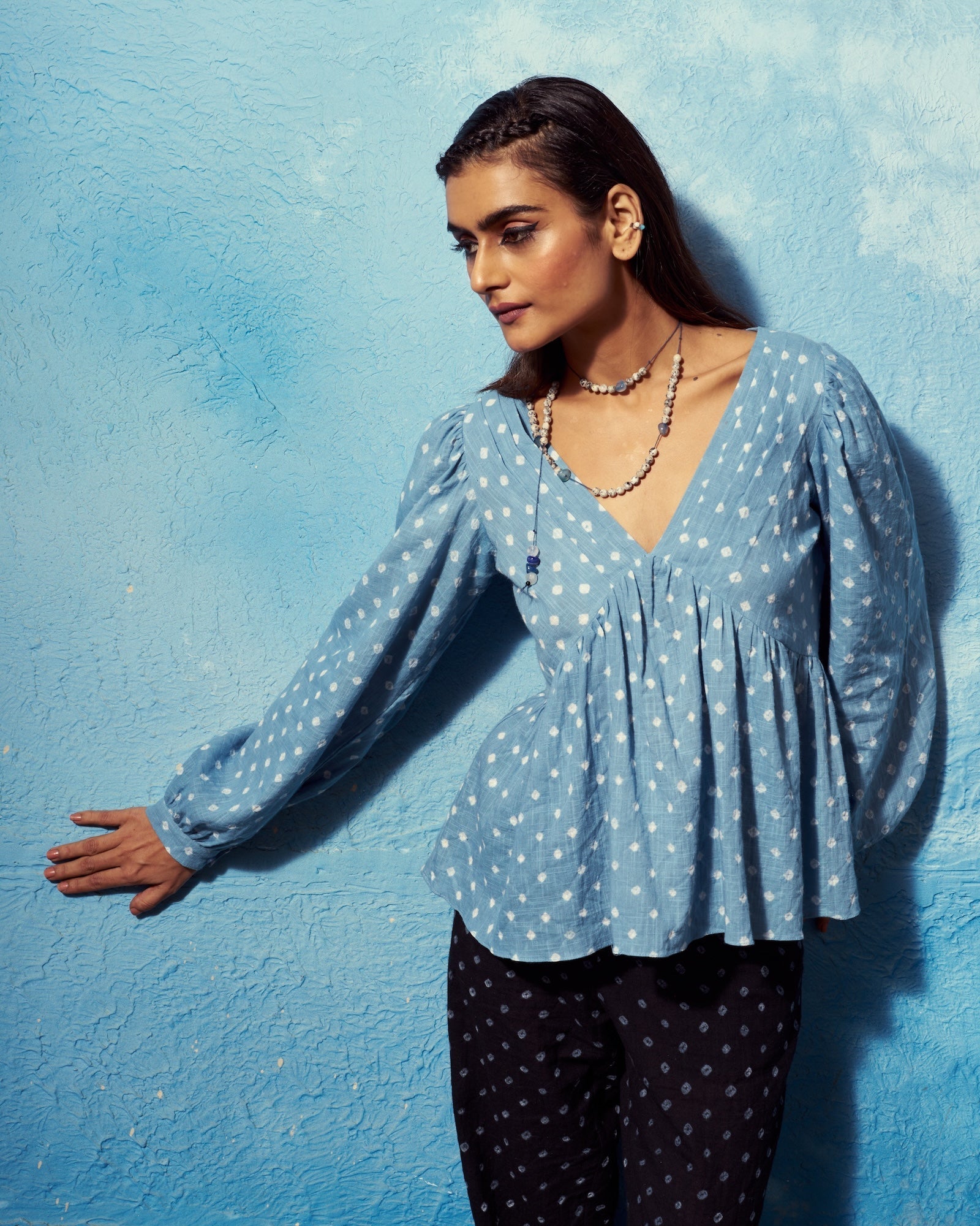 Elegant Rohini Top and Ira Pants Co-ord Set | Blue Bandhej Cotton The House Of Ara