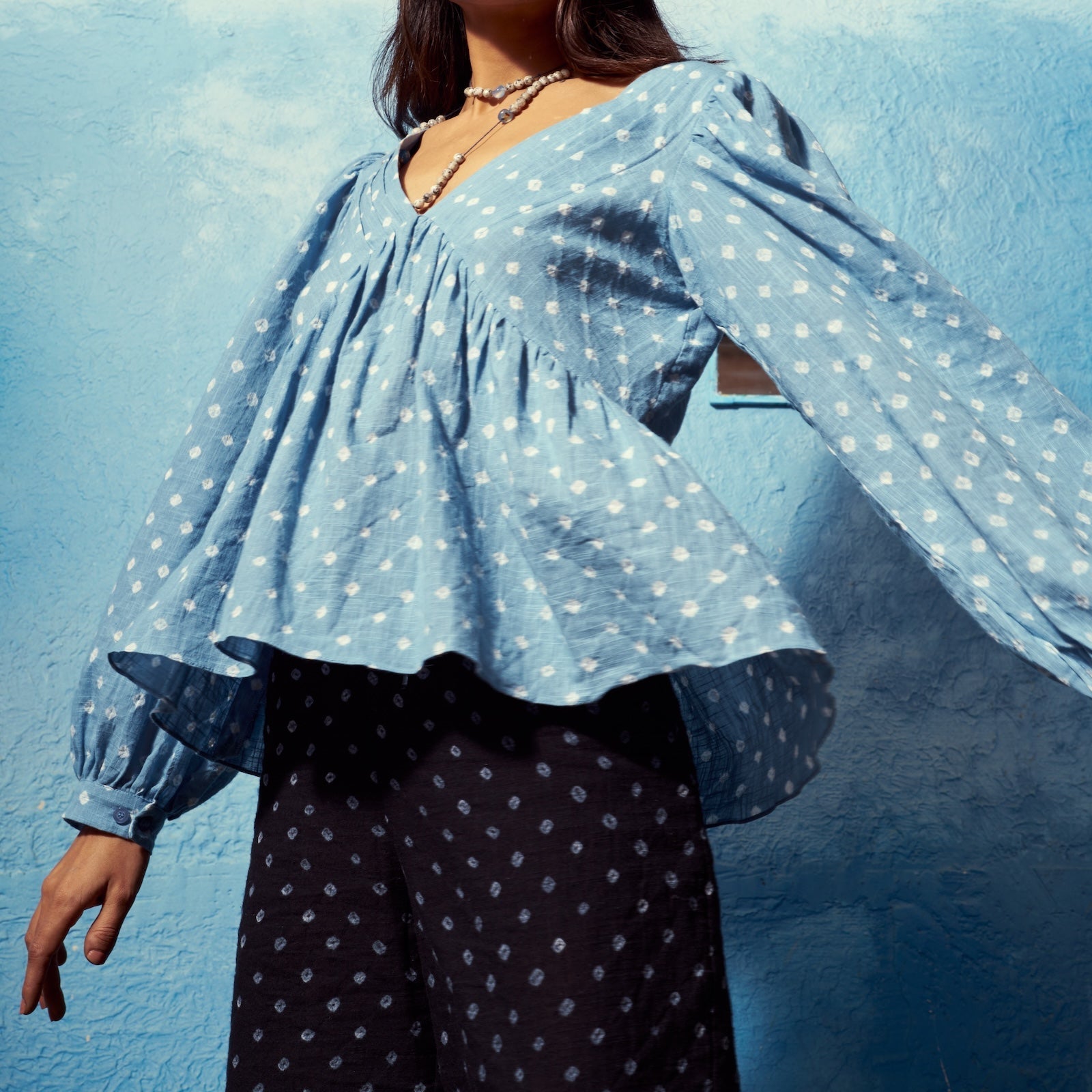 Elegant Rohini Top and Ira Pants Co-ord Set | Blue Bandhej Cotton The House Of Ara