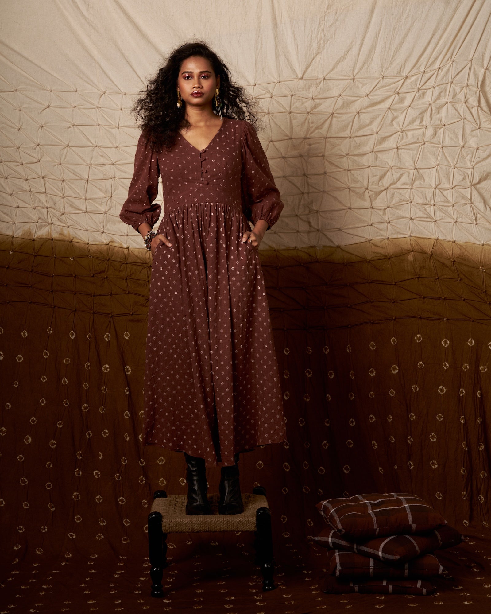Lavanya Dress| Elegant Cotton Puffed Sleeves Midi Dress The House Of Ara