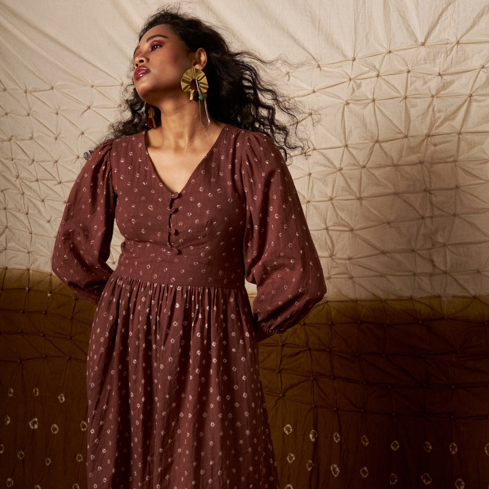 Lavanya Dress| Elegant Cotton Puffed Sleeves Midi Dress The House Of Ara