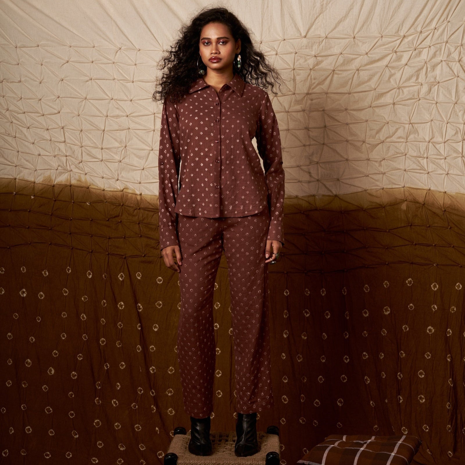 Saumya Top and Ira Pants | Brown Bandhej Co-ord Set The House Of Ara
